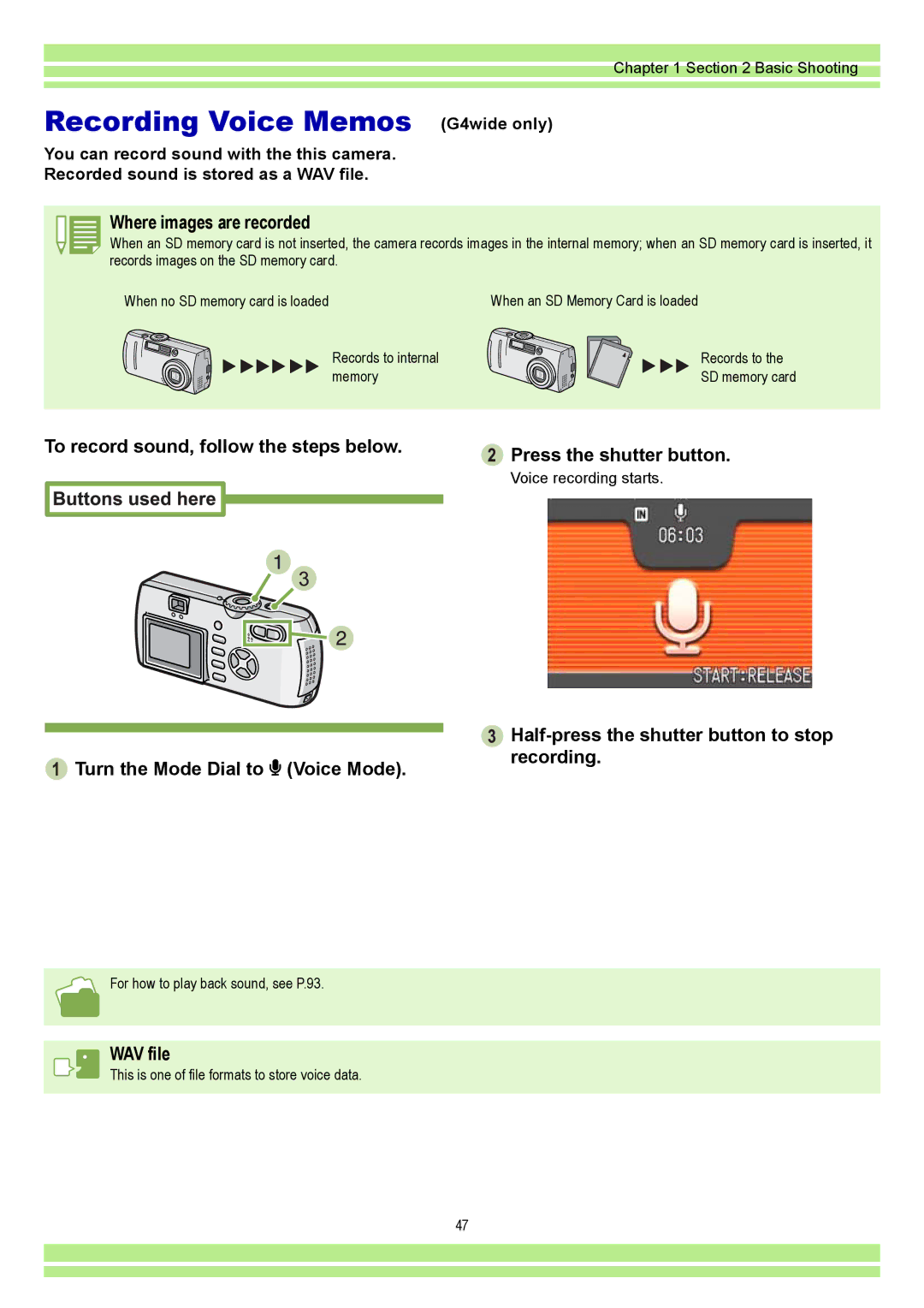 Ricoh CAPLIOG4, CAPLIO G4 WIDE operation manual Recording Voice Memos G4wide only, WAV file, Voice recording starts 