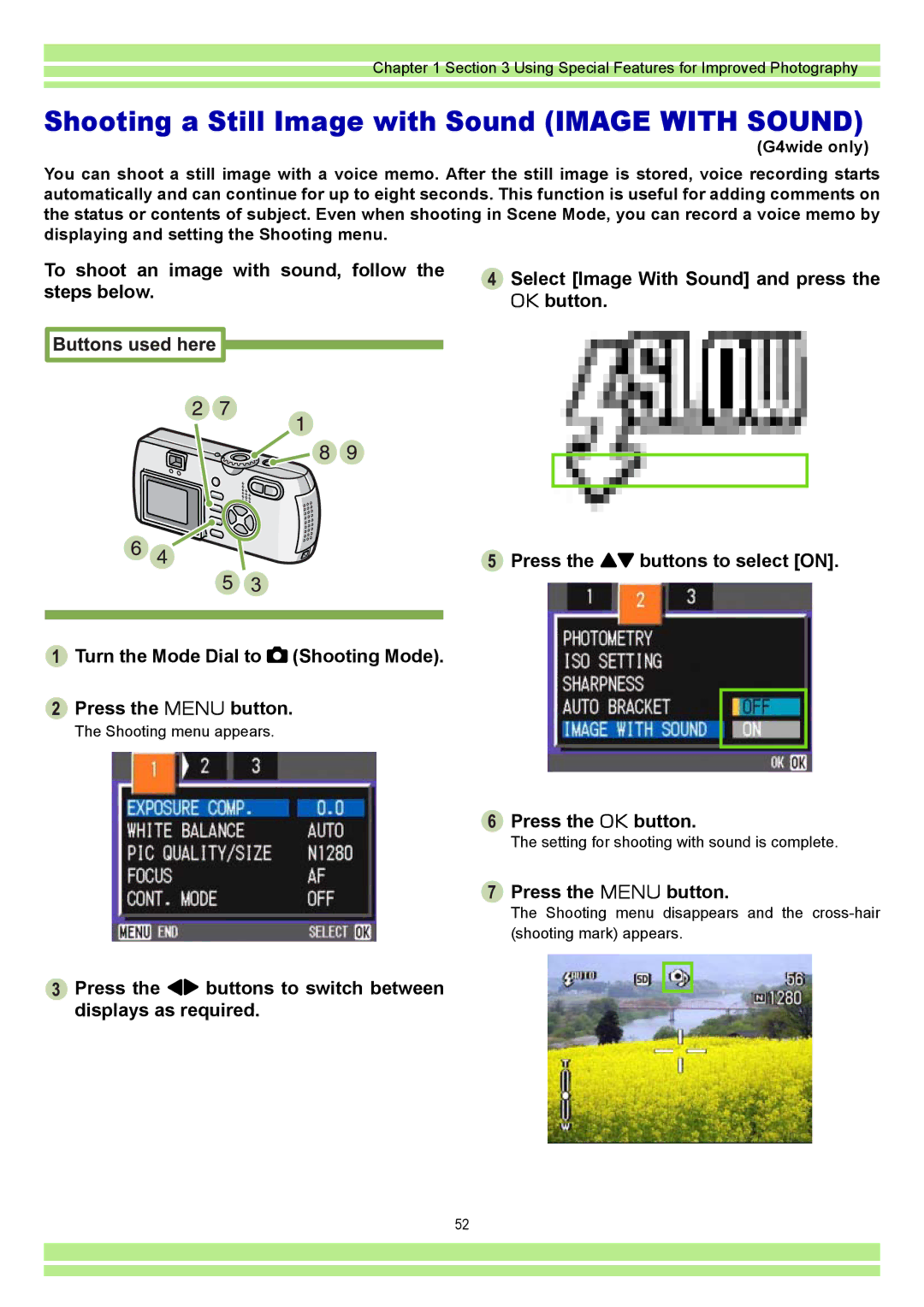 Ricoh CAPLIO G4 WIDE, CAPLIOG4 operation manual Shooting a Still Image with Sound Image with Sound 