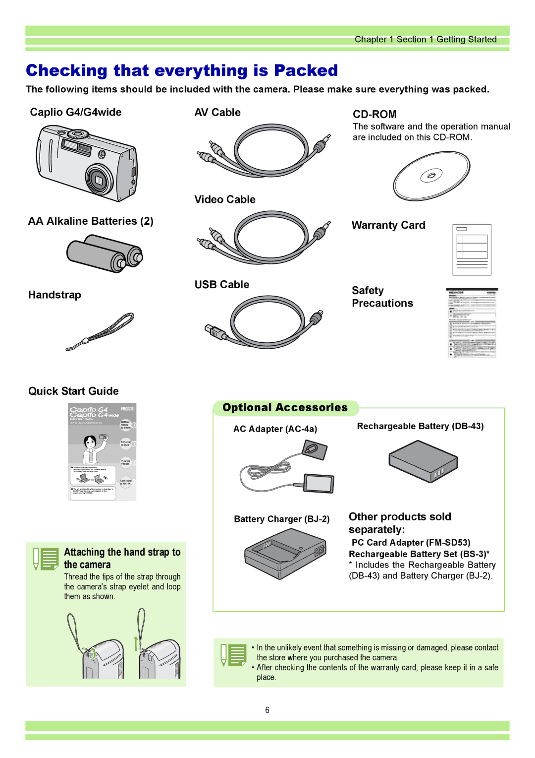 Ricoh CAPLIO G4 WIDE Checking that everything is Packed, Caplio G4/G4wide AV Cable, Other products sold, Separately 