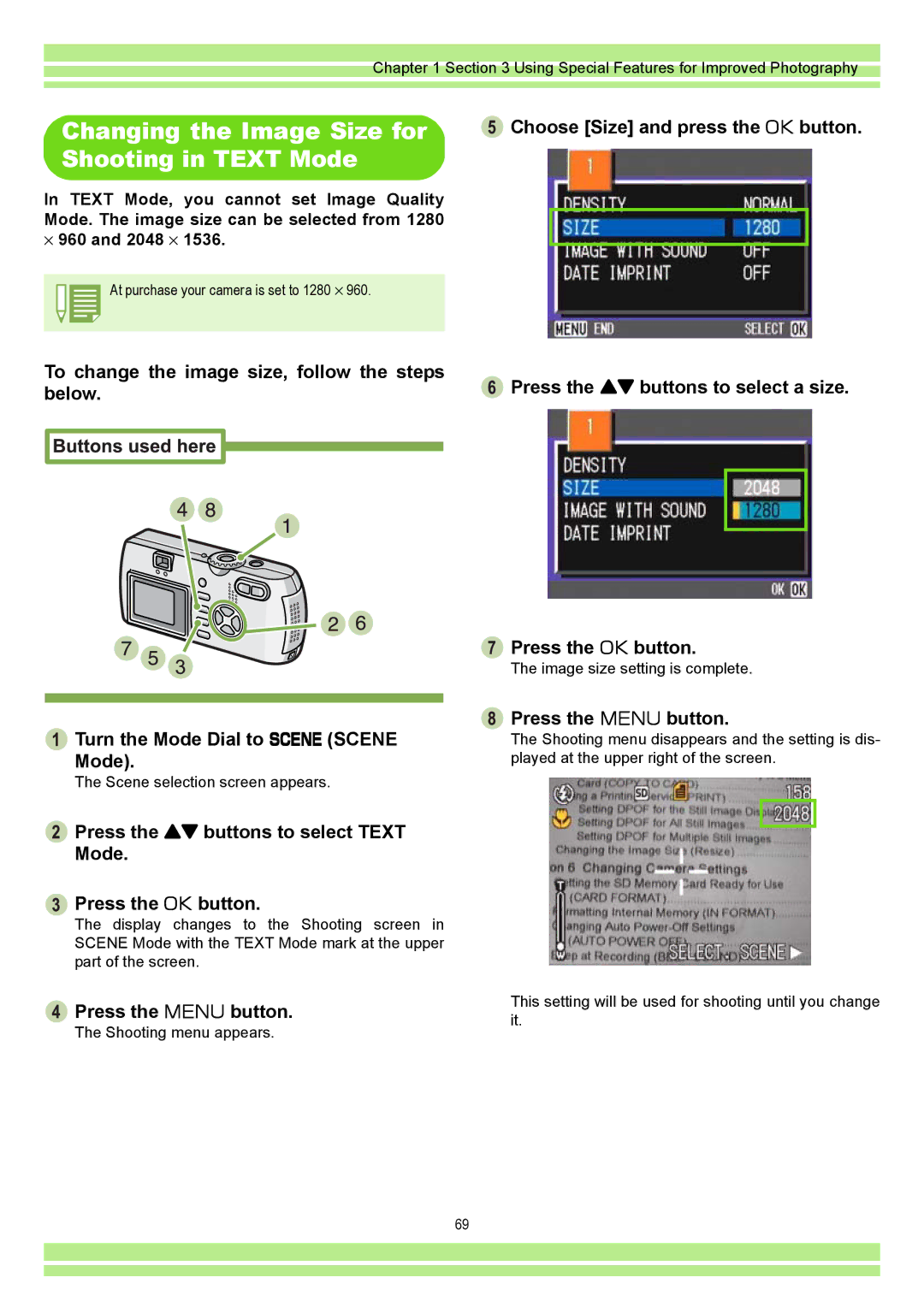 Ricoh CAPLIOG4, CAPLIO G4 WIDE Changing the Image Size for Shooting in Text Mode, Choose Size and press the O button 