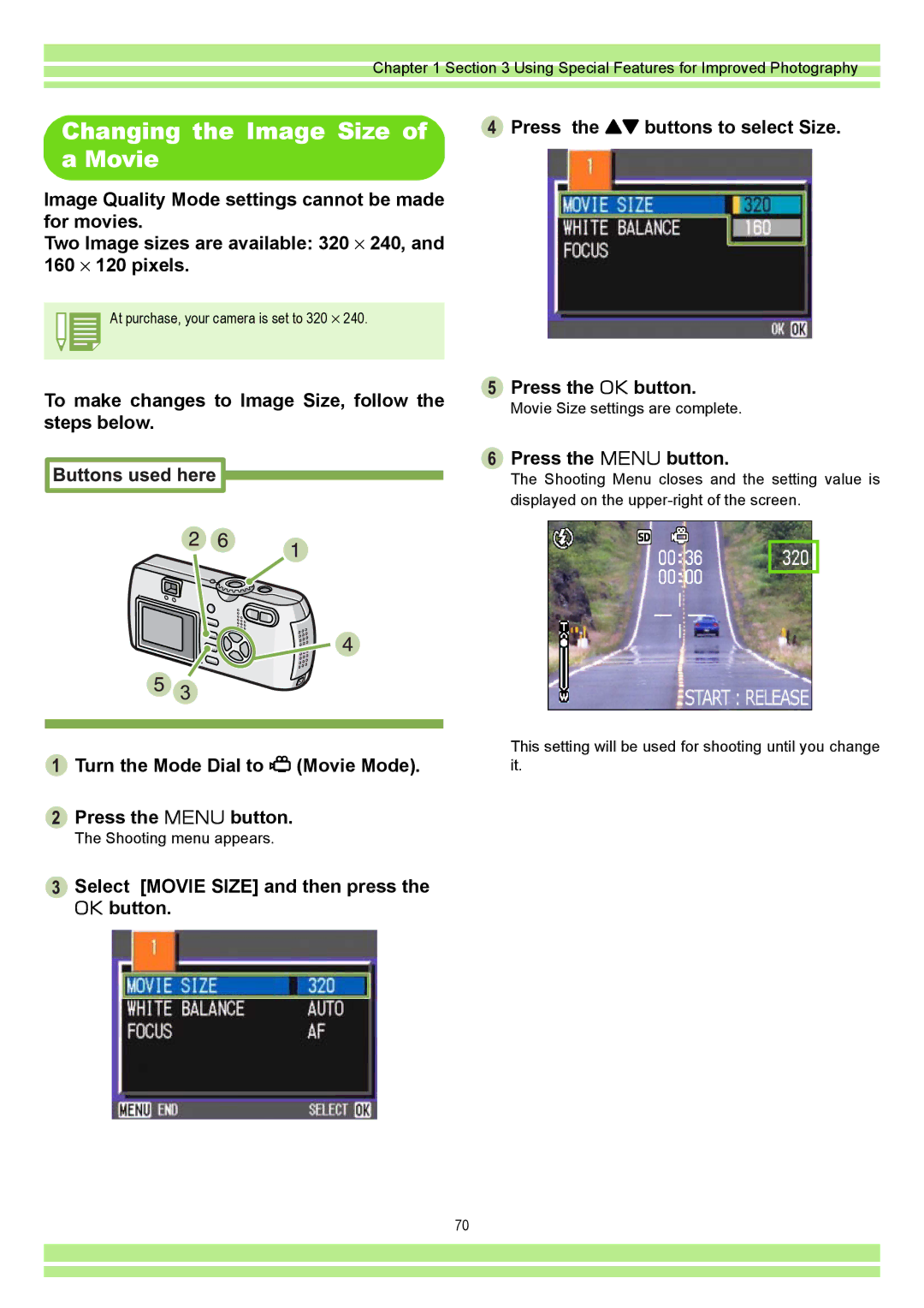 Ricoh CAPLIO G4 WIDE Changing the Image Size of a Movie, Select Movie Size and then press Button Press the O button 