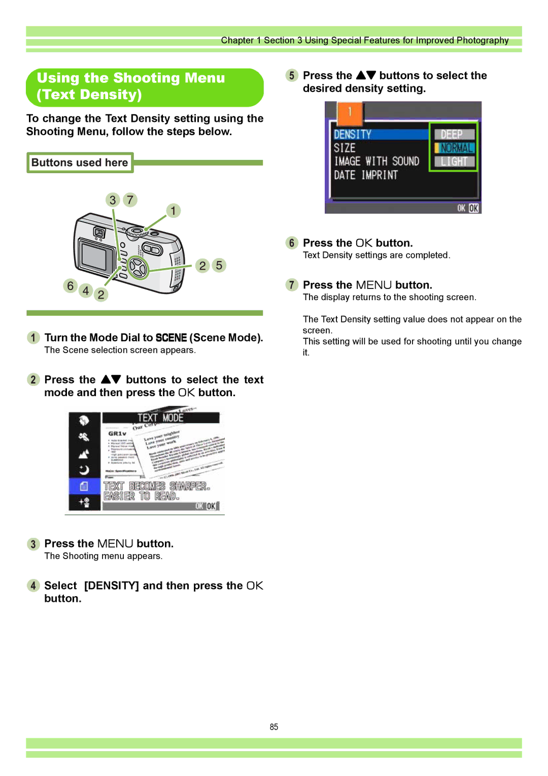 Ricoh CAPLIOG4, CAPLIO G4 WIDE operation manual Using the Shooting Menu Text Density, Press the M button 