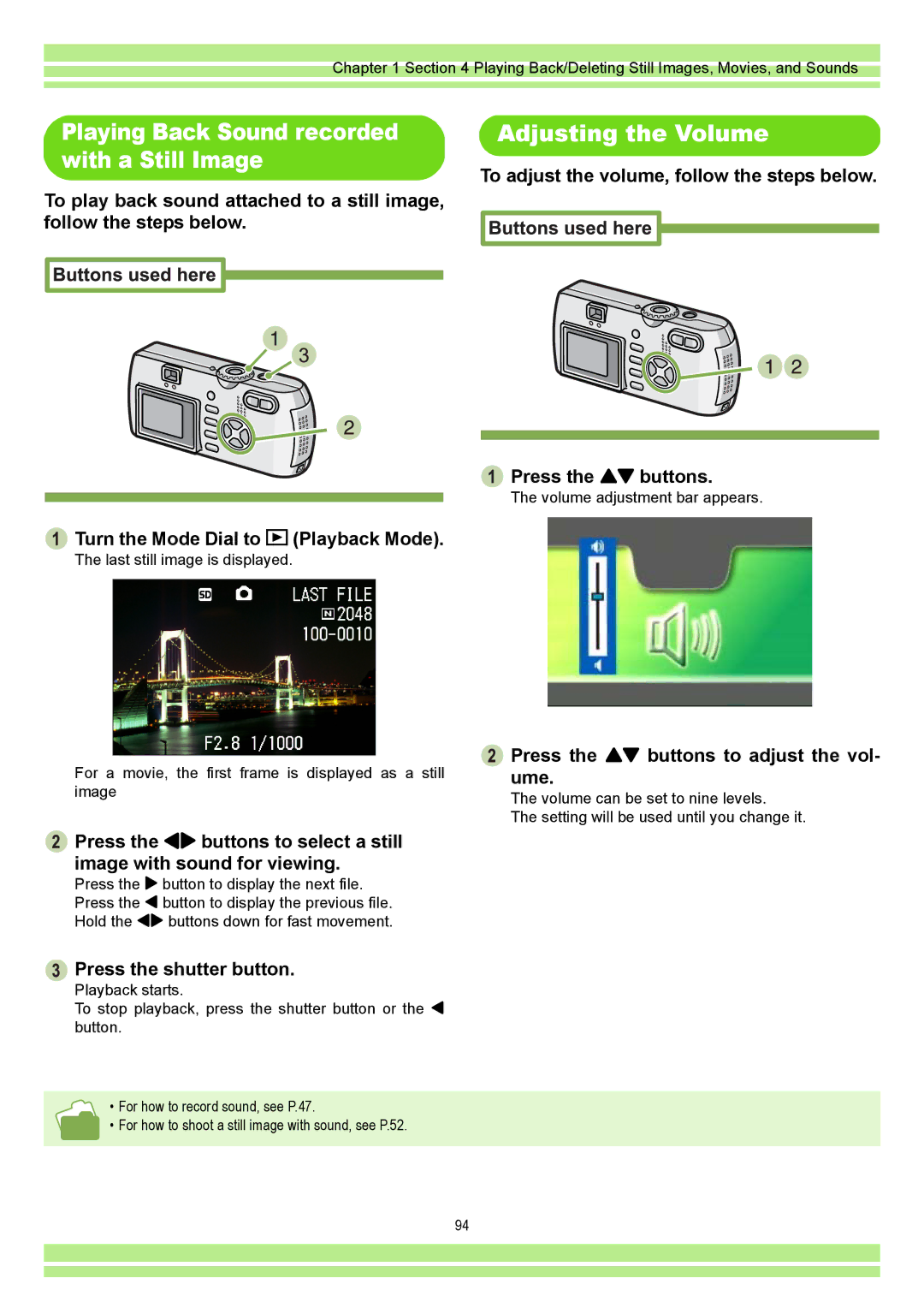 Ricoh CAPLIO G4 WIDE, CAPLIOG4 operation manual Adjusting the Volume, Playing Back Sound recorded with a Still Image 