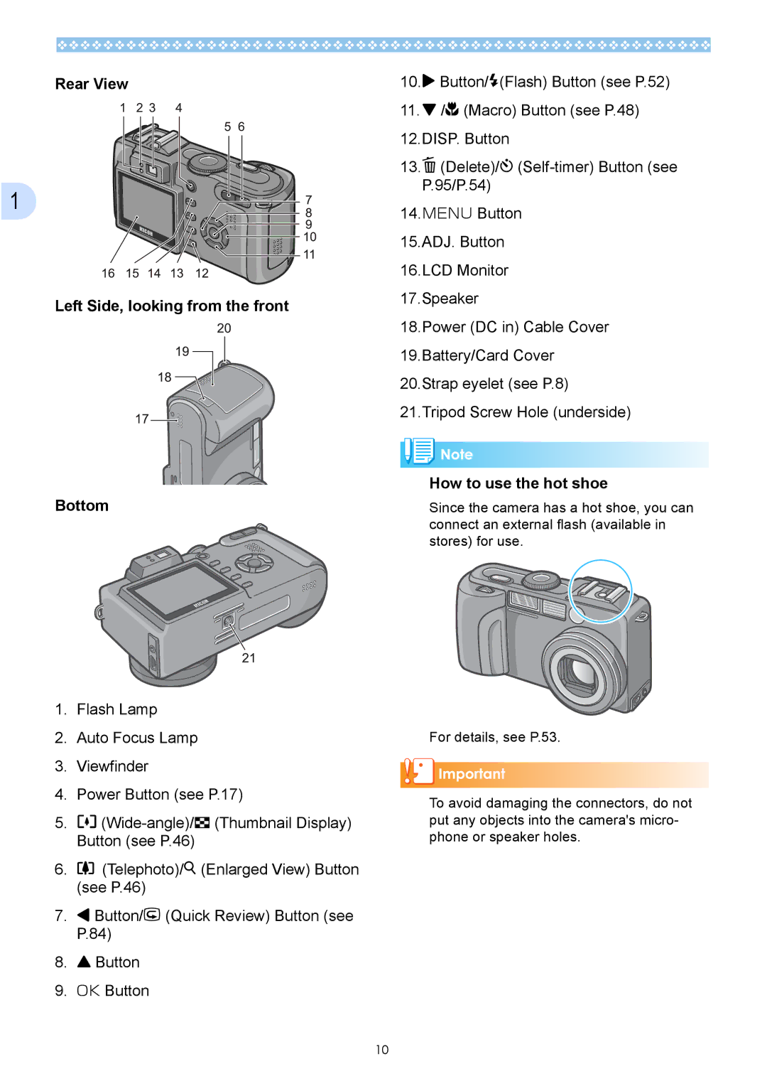 Ricoh Caplio GX operation manual Rear View Left Side, looking from the front Bottom, How to use the hot shoe 