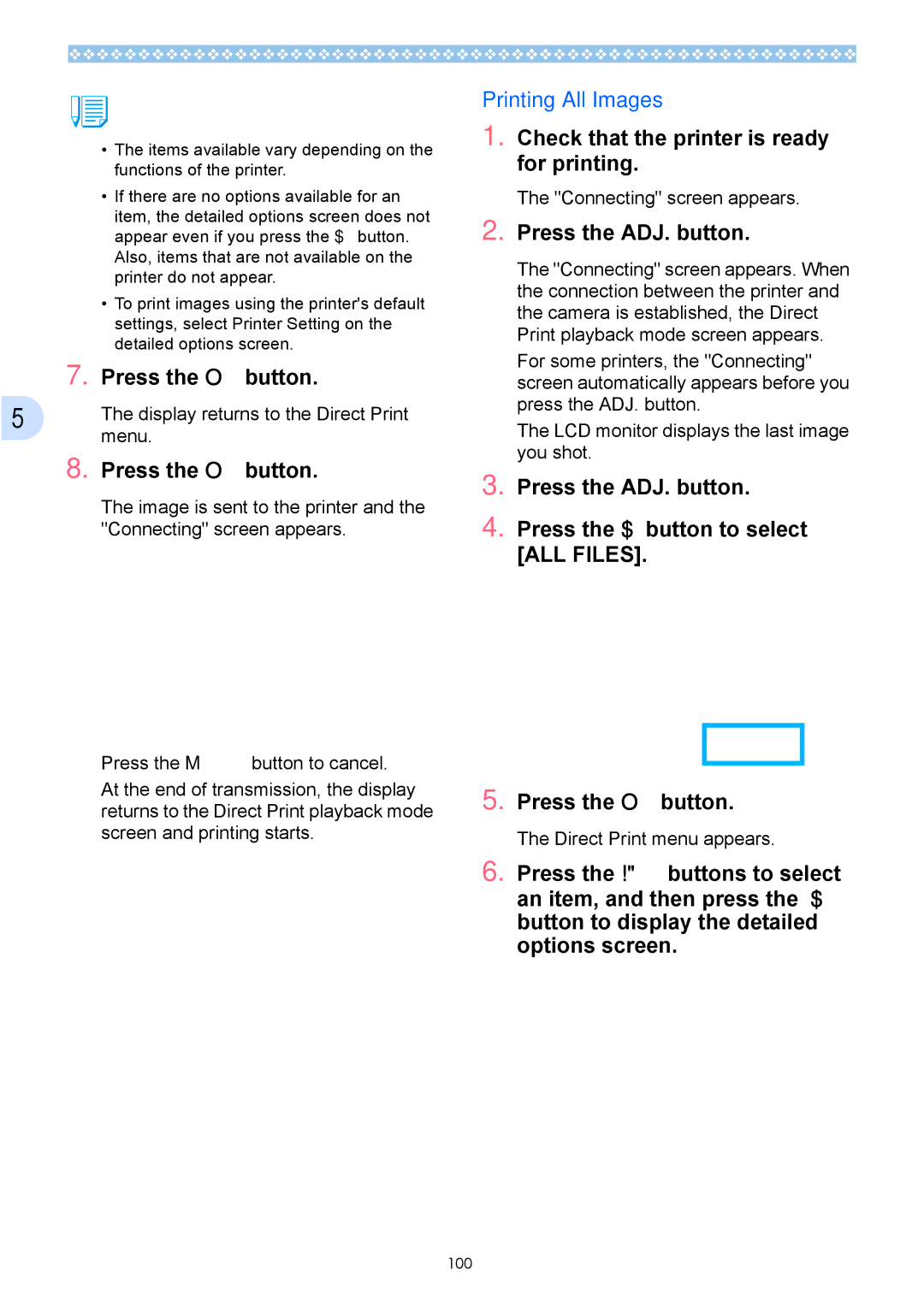 Ricoh Caplio GX operation manual Printing All Images, Display returns to the Direct Print 