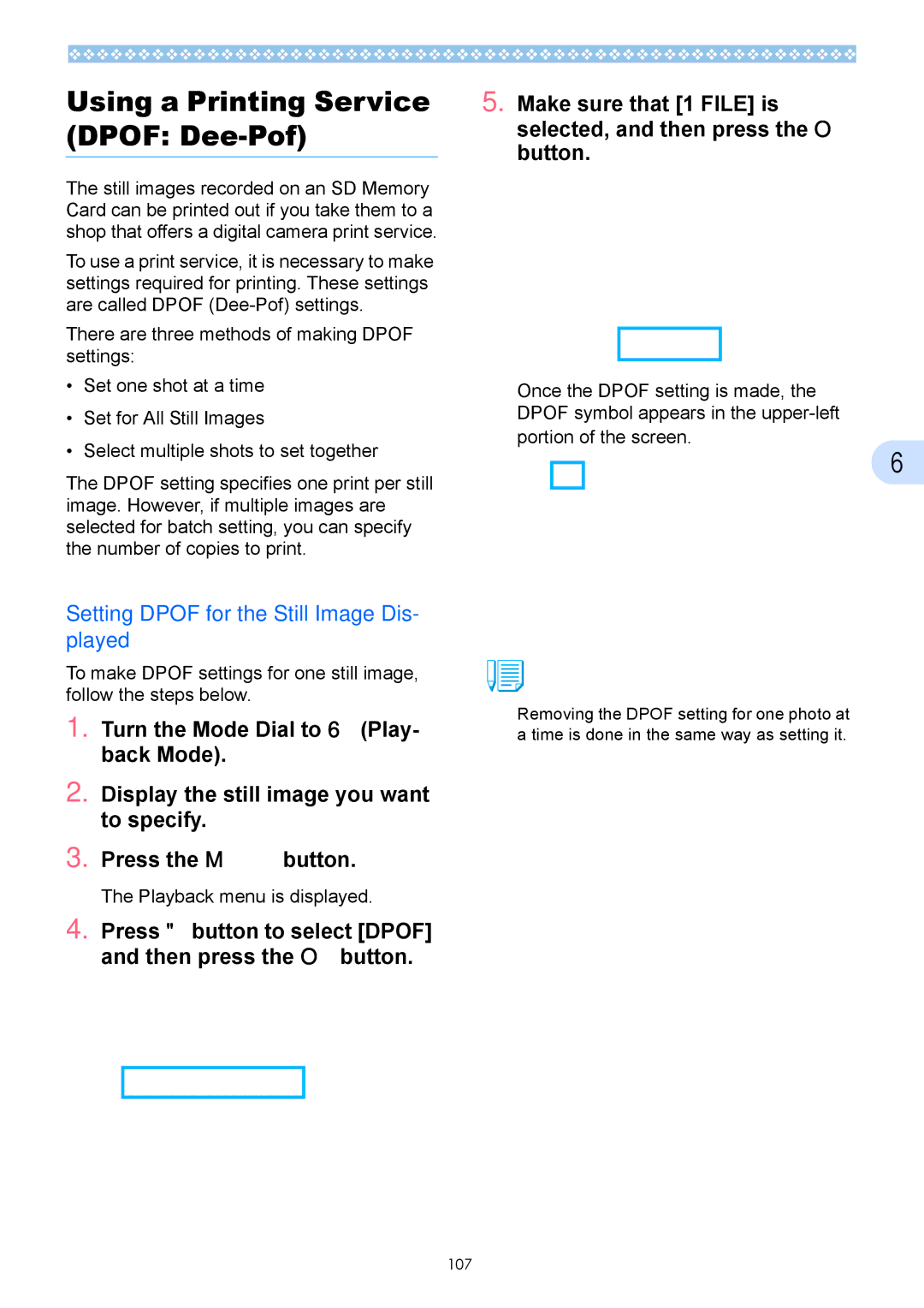 Ricoh Caplio GX operation manual Using a Printing Service, Dpof Dee-Pof, Setting Dpof for the Still Image Dis- played 