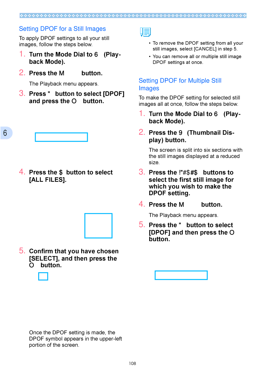 Ricoh Caplio GX operation manual Setting Dpof for a Still Images, Setting Dpof for Multiple Still Images 