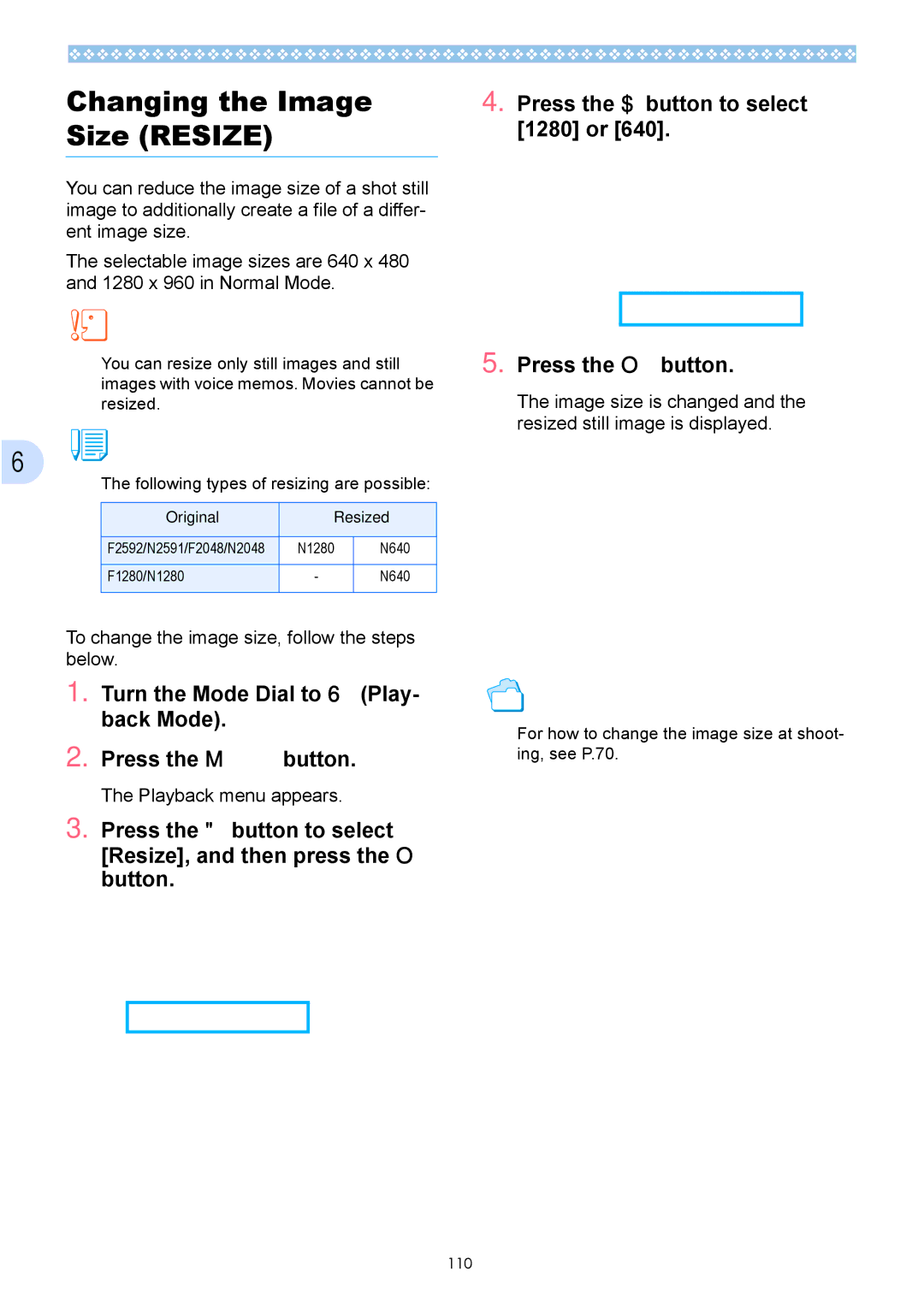 Ricoh Caplio GX Changing the Image Size Resize, To change the image size, follow the steps below, Original Resized 