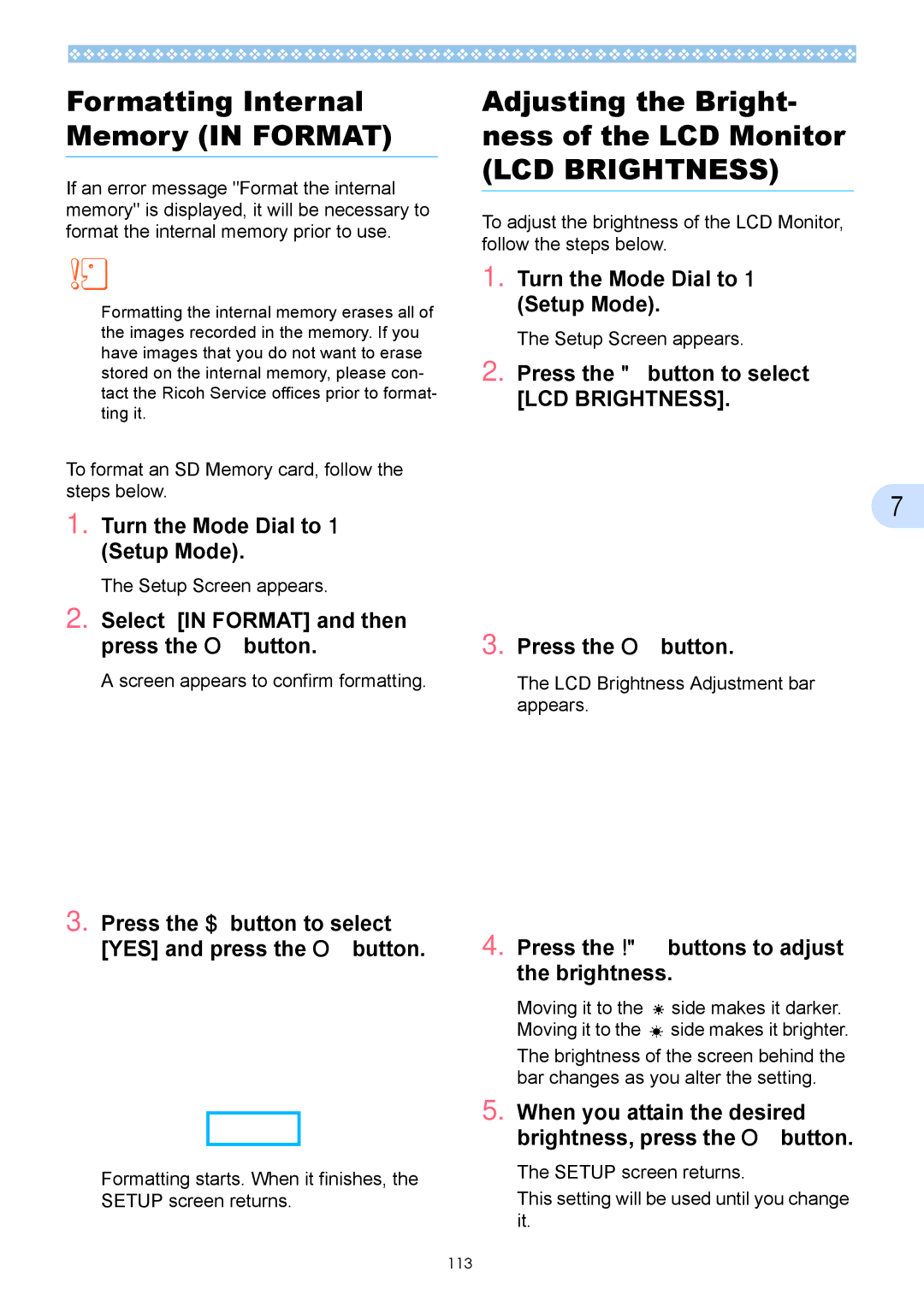 Ricoh Caplio GX operation manual Formatting Internal Memory in Format, Adjusting the Bright- ness of the LCD Monitor 