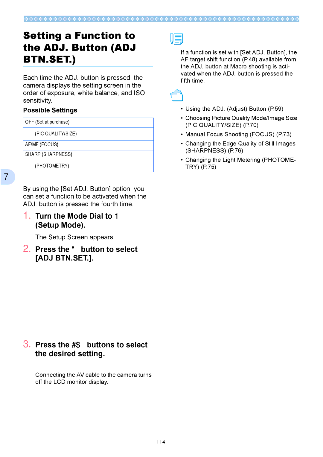 Ricoh Caplio GX operation manual Setting a Function to the ADJ. Button ADJ BTN.SET, Possible Settings 