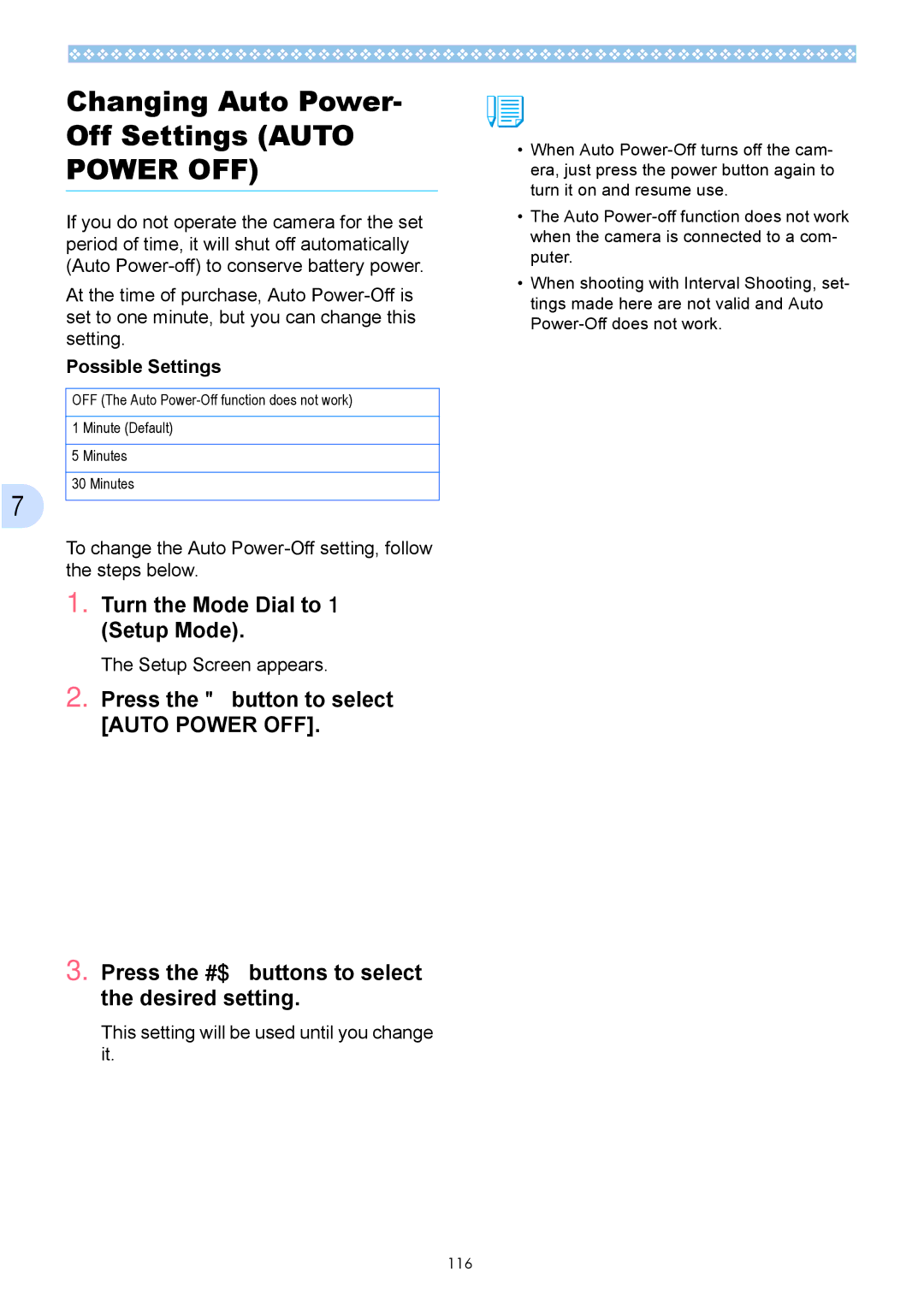 Ricoh Caplio GX Changing Auto Power Off Settings Auto, To change the Auto Power-Off setting, follow the steps below 