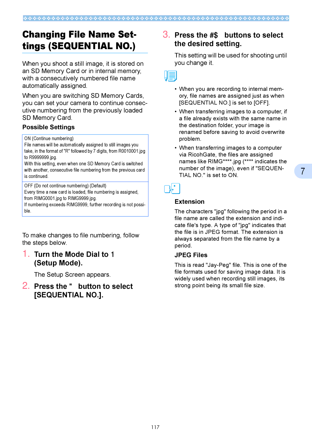 Ricoh Caplio GX operation manual To make changes to file numbering, follow the steps below, Extension, Jpeg Files 