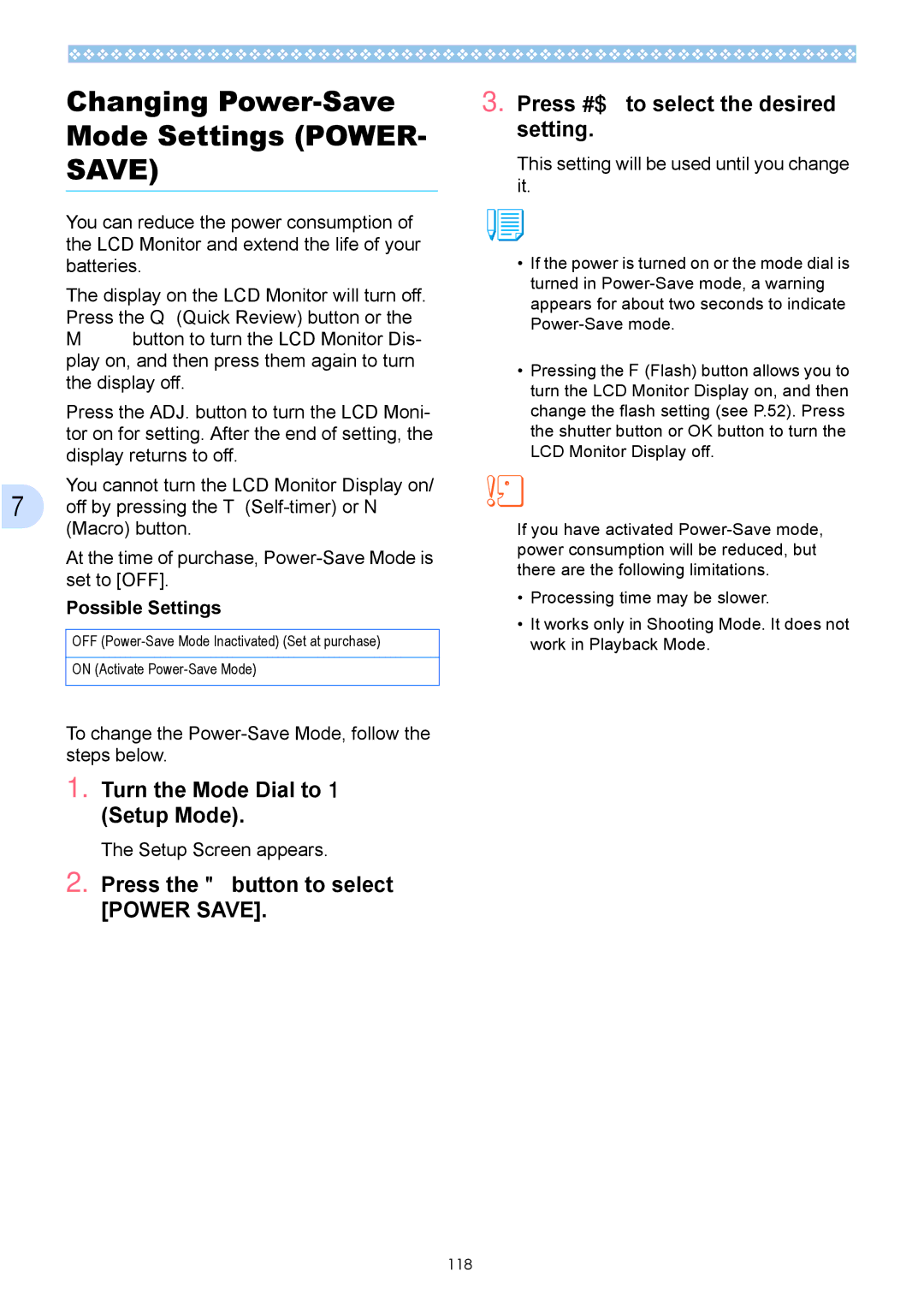 Ricoh Caplio GX Changing Power-Save Mode Settings Power, To change the Power-Save Mode, follow the steps below 