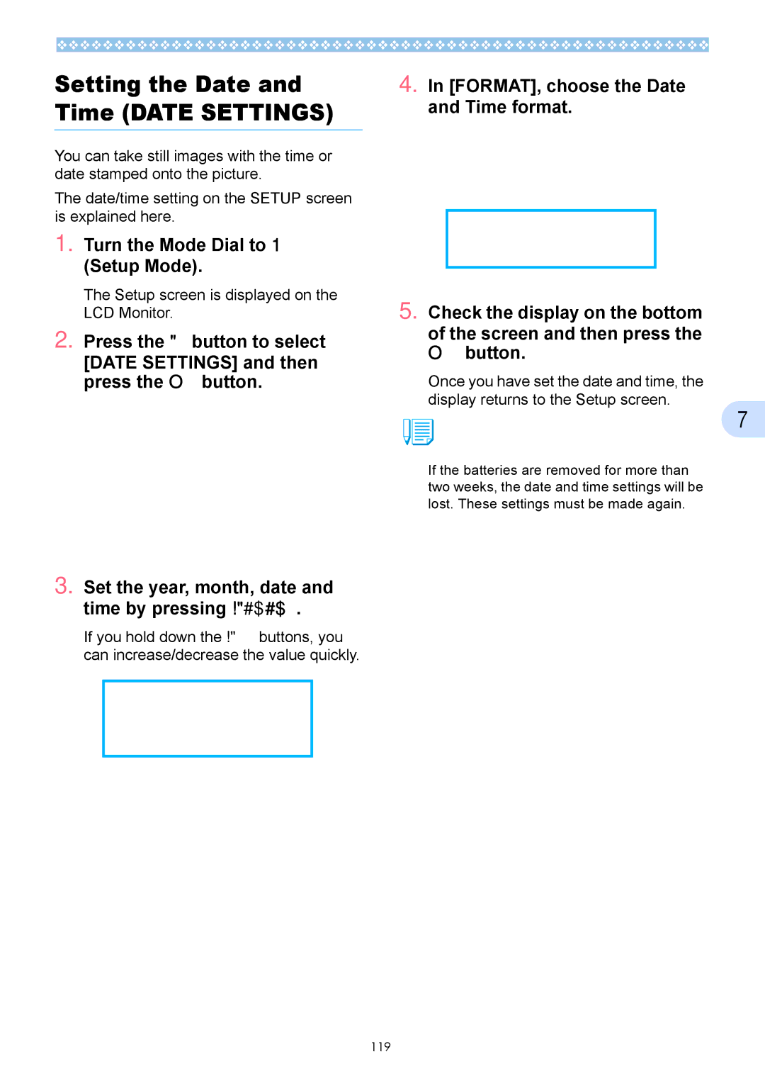 Ricoh Caplio GX operation manual FORMAT, choose the Date and Time format, Setup screen is displayed on the LCD Monitor 