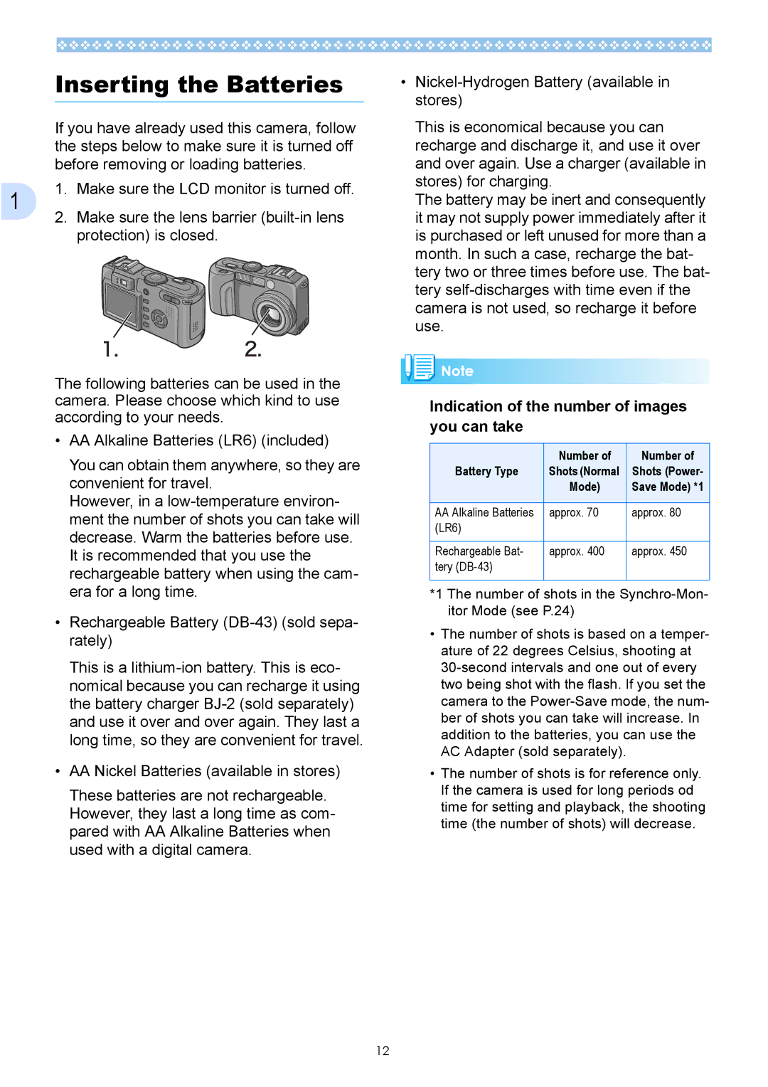 Ricoh Caplio GX operation manual Inserting the Batteries, Indication of the number of images you can take, Save Mode *1 