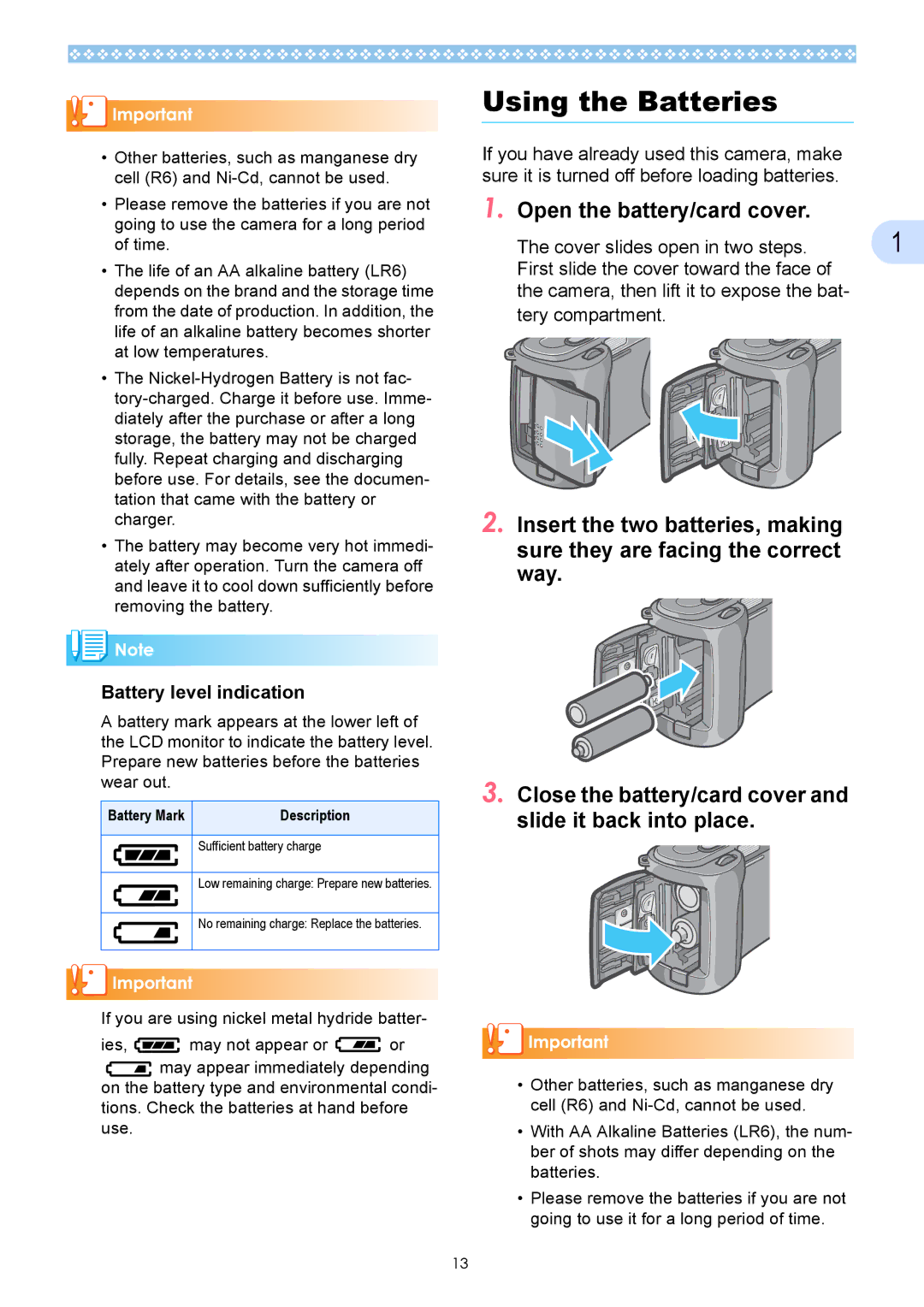 Ricoh Caplio GX Using the Batteries, Open the battery/card cover, Battery level indication, Battery Mark Description 