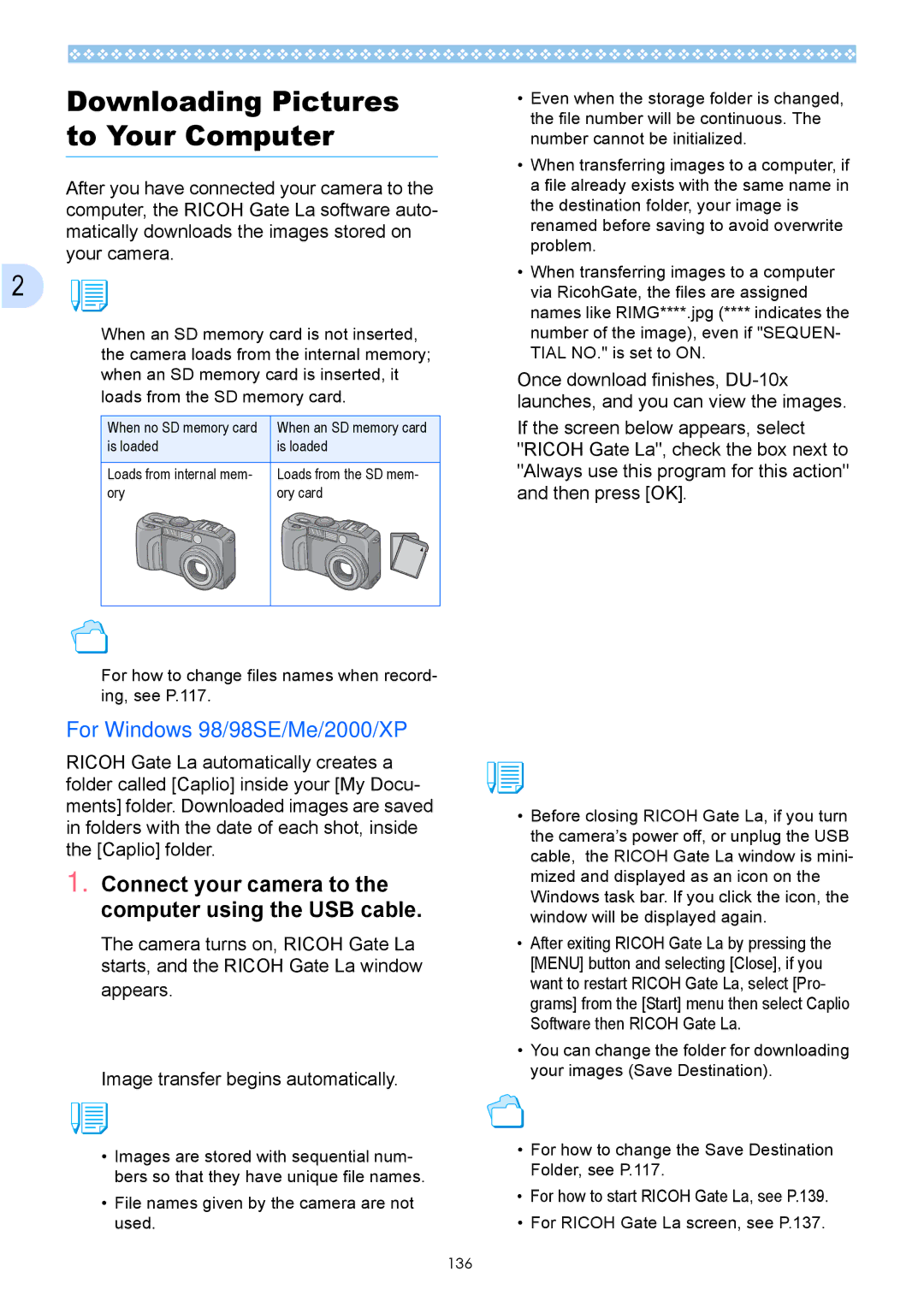 Ricoh Caplio GX operation manual Downloading Pictures to Your Computer, For Windows 98/98SE/Me/2000/XP 