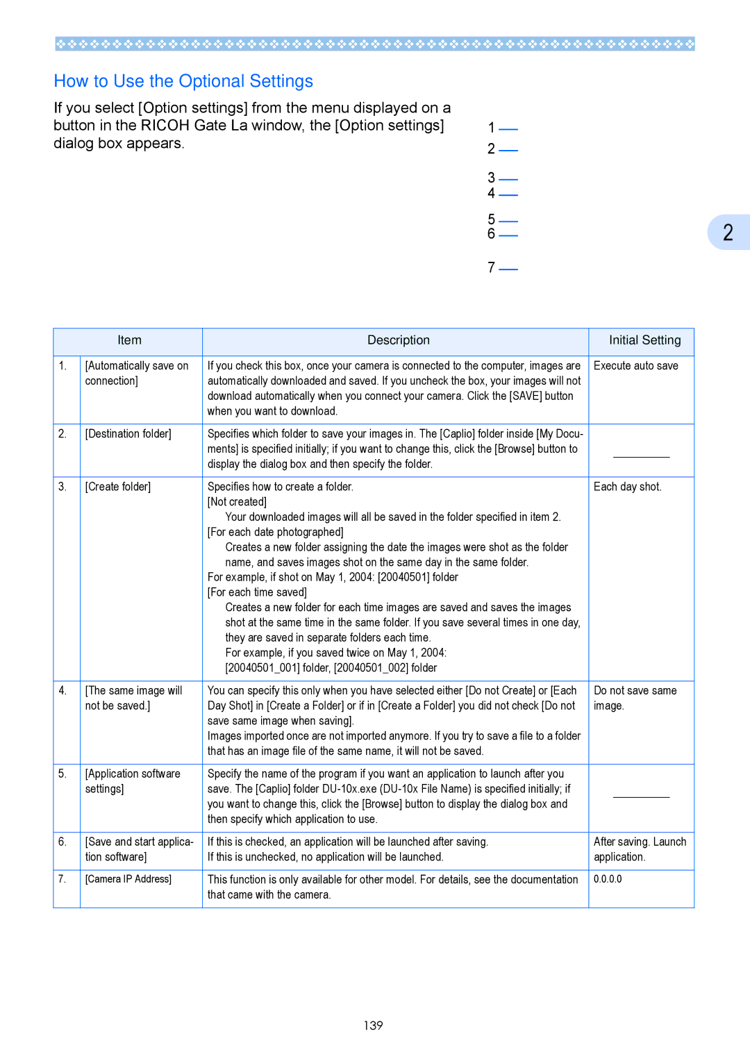 Ricoh Caplio GX operation manual How to Use the Optional Settings, Description Initial Setting 