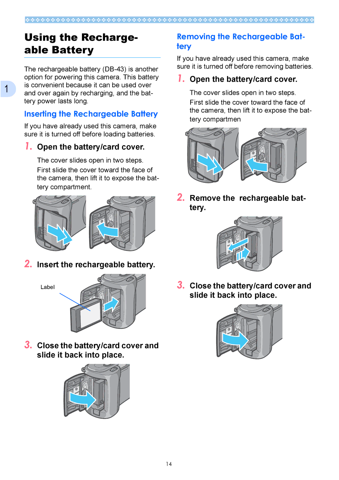 Ricoh Caplio GX Using the Recharge- able Battery, Inserting the Rechargeable Battery, Insert the rechargeable battery 