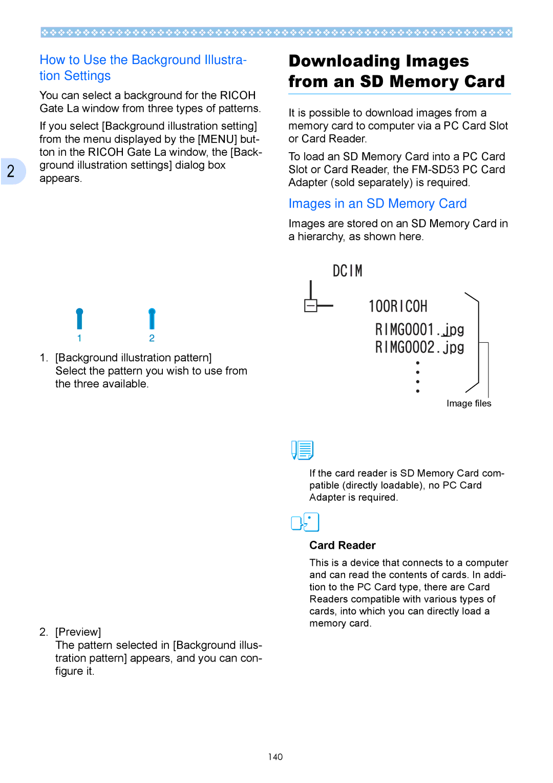Ricoh Caplio GX How to Use the Background Illustra- tion Settings, Images in an SD Memory Card, Card Reader 