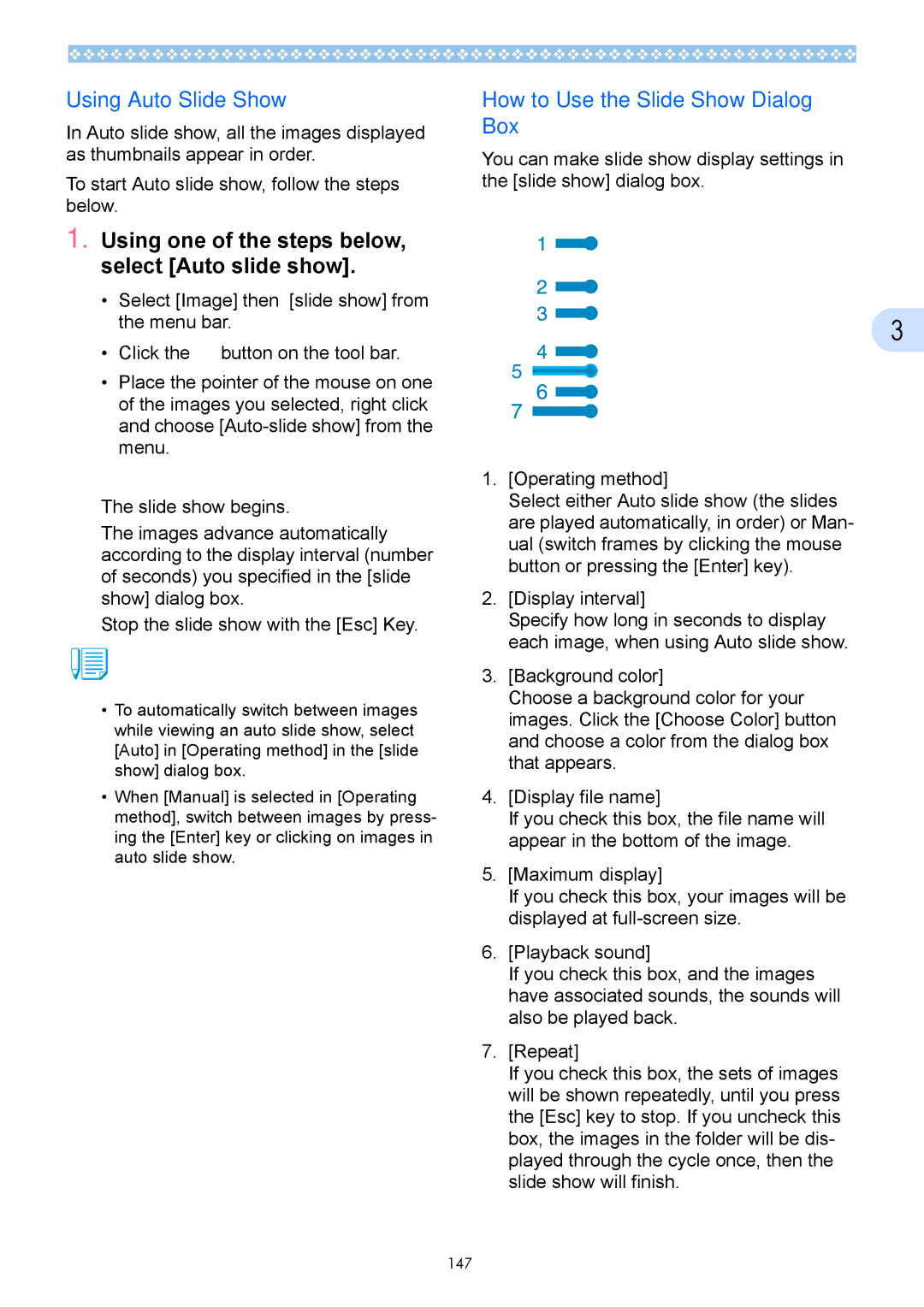 Ricoh Caplio GX operation manual Using Auto Slide Show, How to Use the Slide Show Dialog Box 