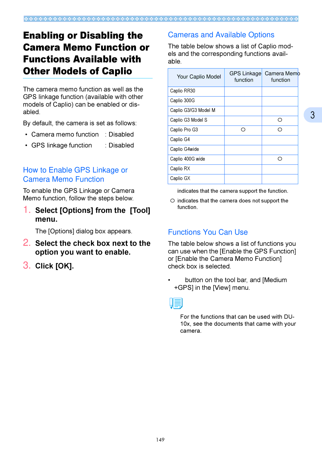 Ricoh Caplio GX operation manual How to Enable GPS Linkage or Camera Memo Function, Select Options from the Tool menu 