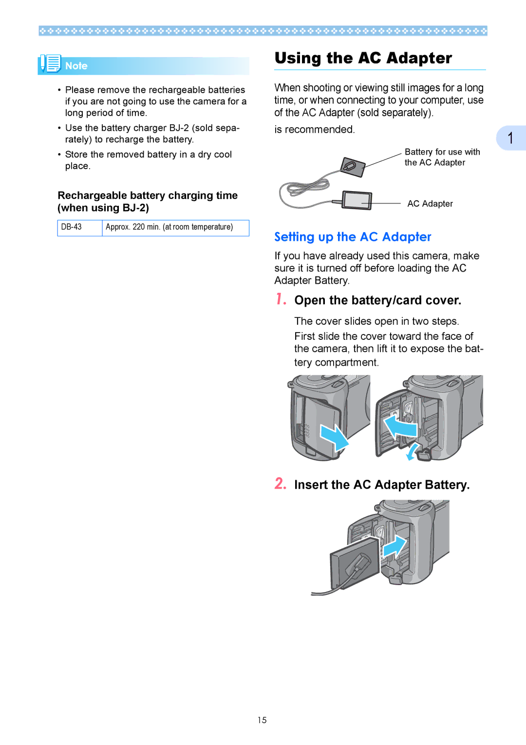 Ricoh Caplio GX Using the AC Adapter, Setting up the AC Adapter, Insert the AC Adapter Battery, Is recommended 