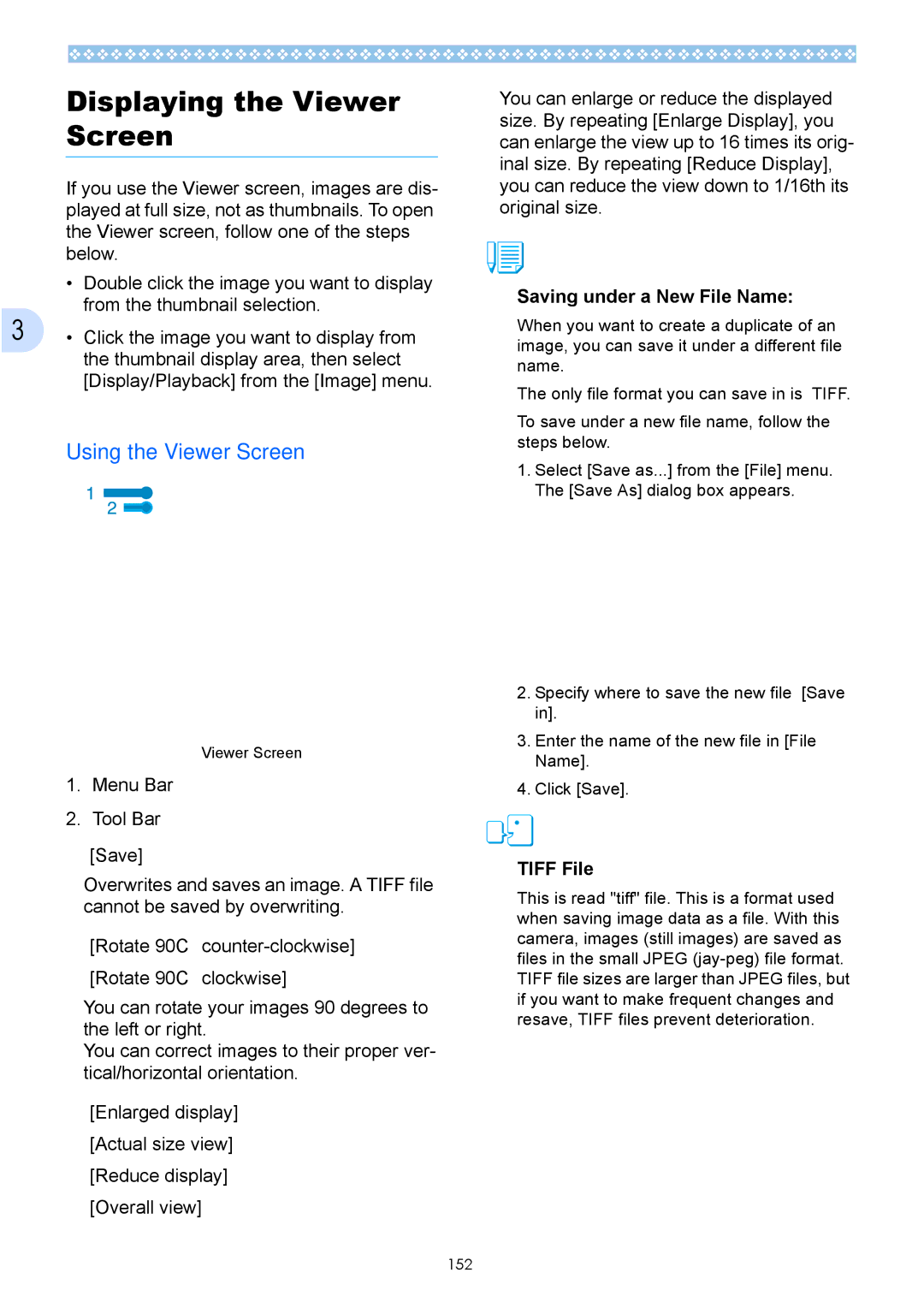 Ricoh Caplio GX operation manual Displaying the Viewer Screen, Using the Viewer Screen, Saving under a New File Name 