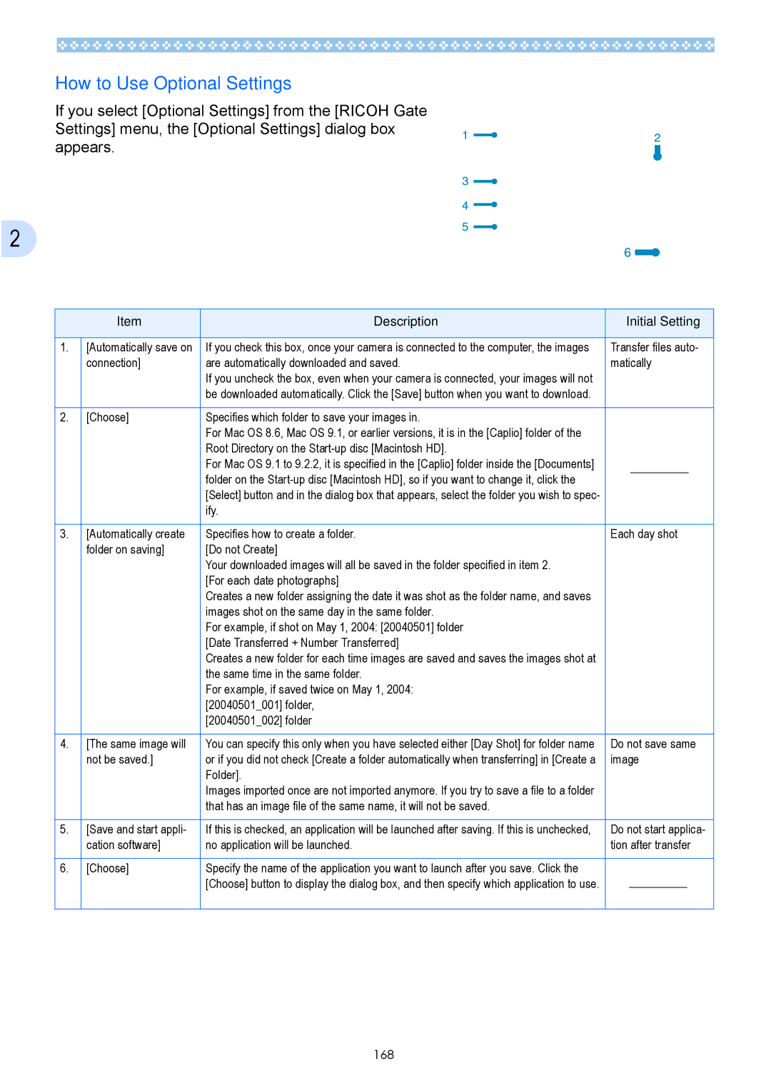 Ricoh Caplio GX operation manual How to Use Optional Settings, Description Initial Setting 