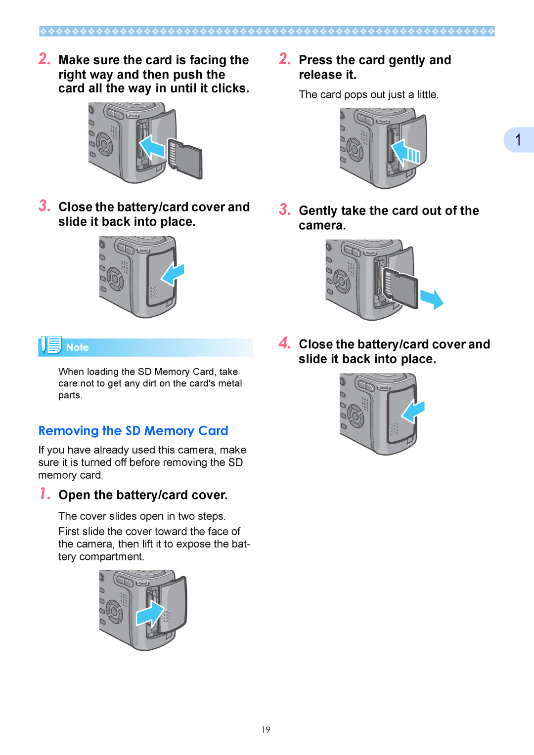 Ricoh Caplio GX Press the card gently and release it, Removing the SD Memory Card, Card pops out just a little 