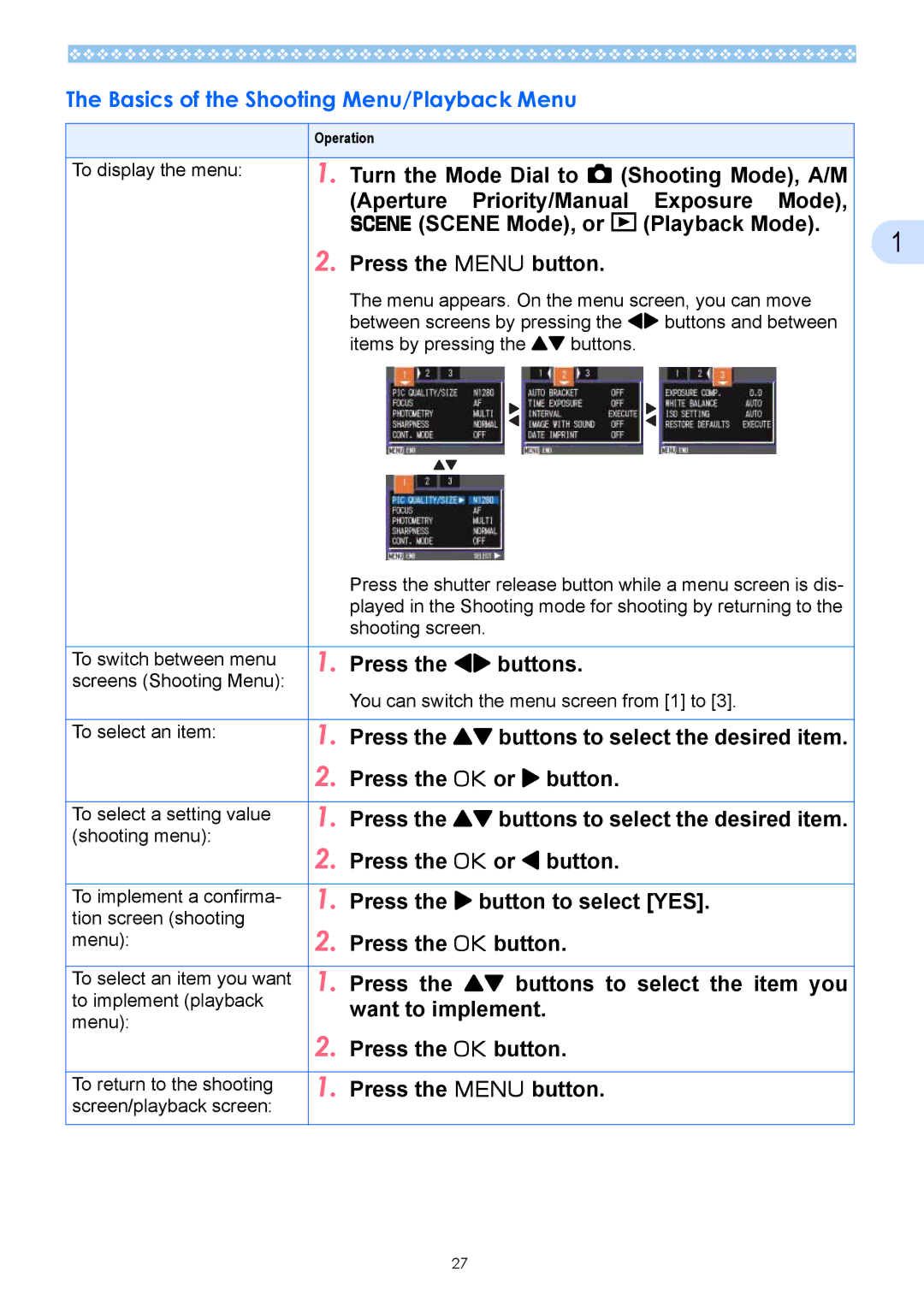 Ricoh Caplio GX operation manual Basics of the Shooting Menu/Playback Menu 