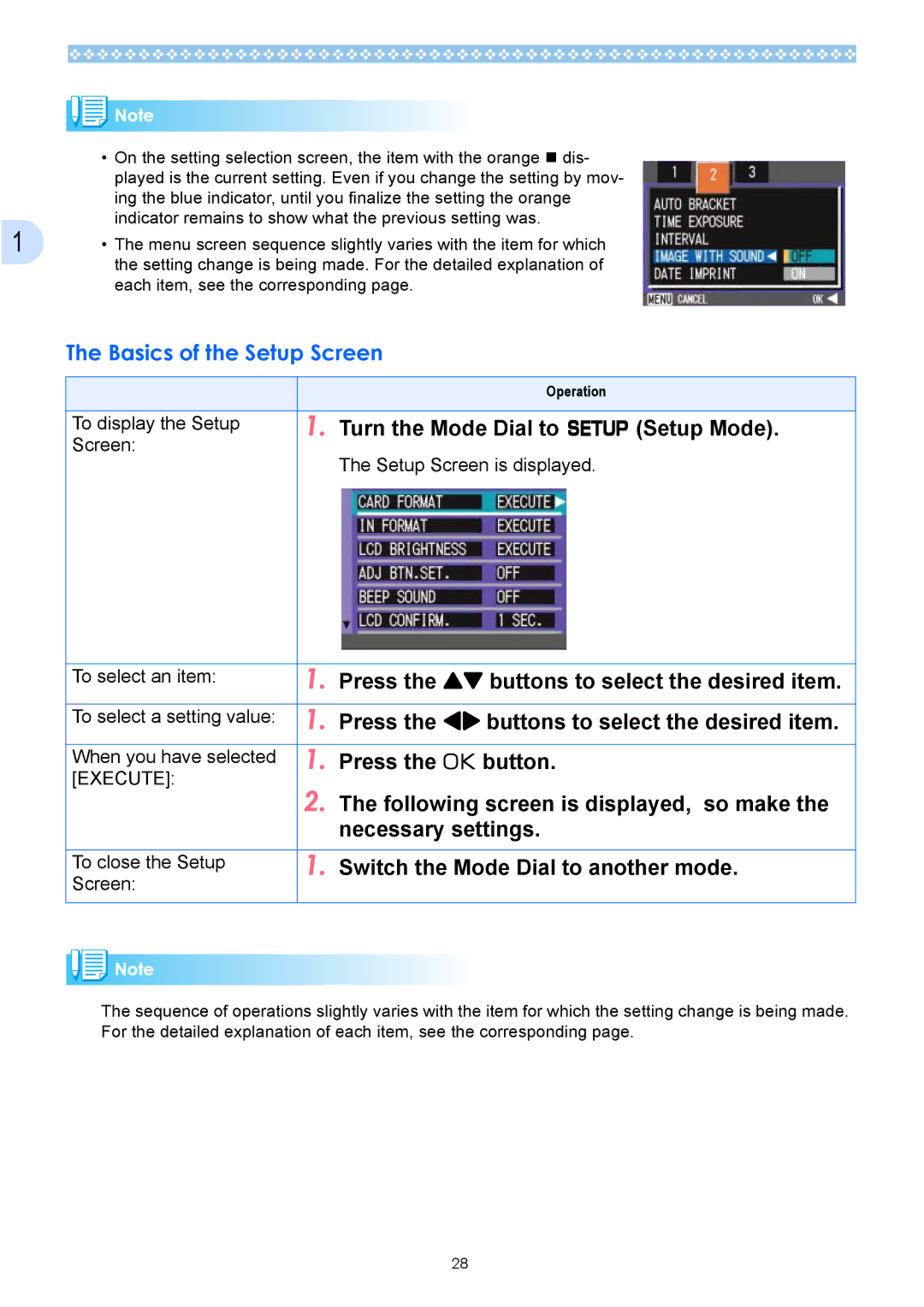 Ricoh Caplio GX operation manual Basics of the Setup Screen 