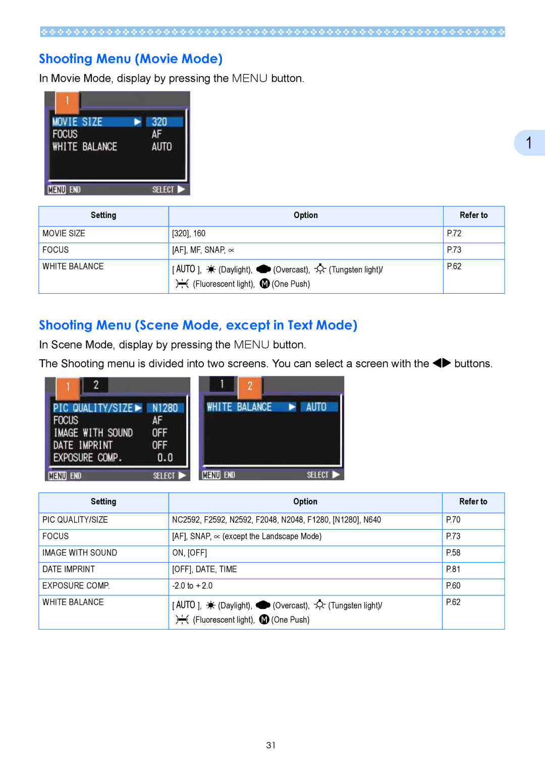 Ricoh Caplio GX operation manual Shooting Menu Movie Mode, Shooting Menu Scene Mode, except in Text Mode 