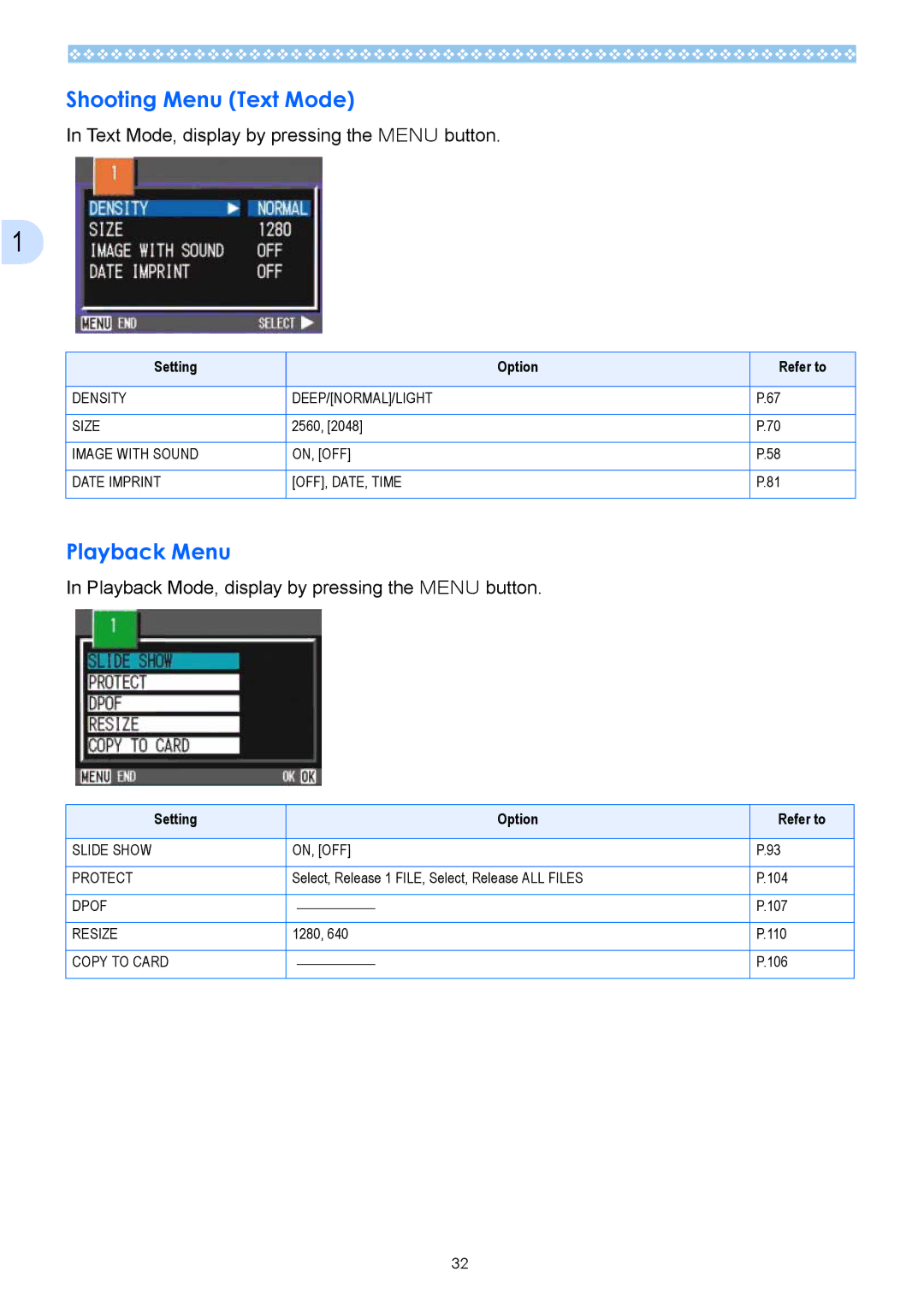 Ricoh Caplio GX operation manual Shooting Menu Text Mode, Playback Menu, Text Mode, display by pressing the M button 