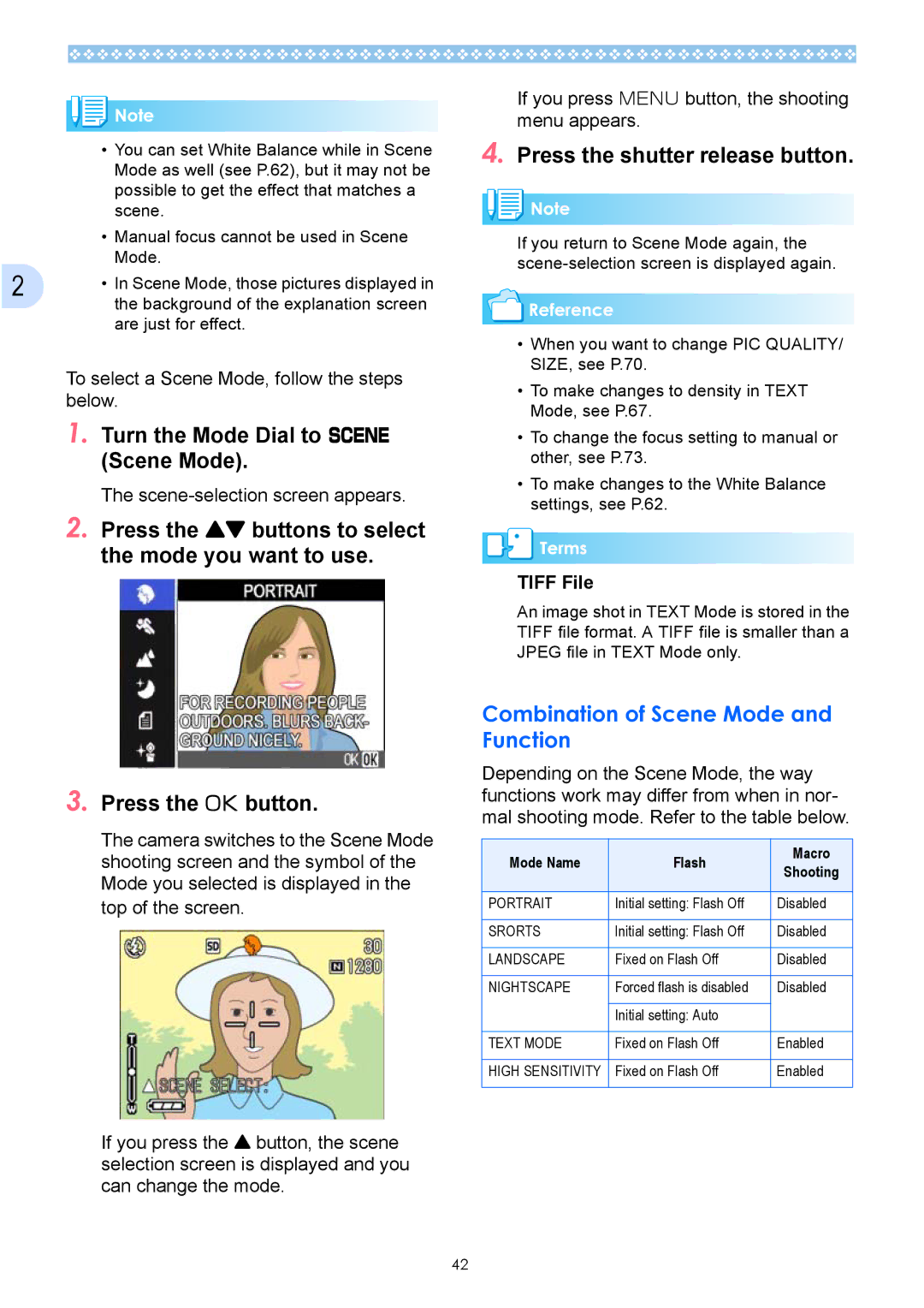 Ricoh Caplio GX operation manual Turn the Mode Dial to 4 Scene Mode, Press the shutter release button, Tiff File 