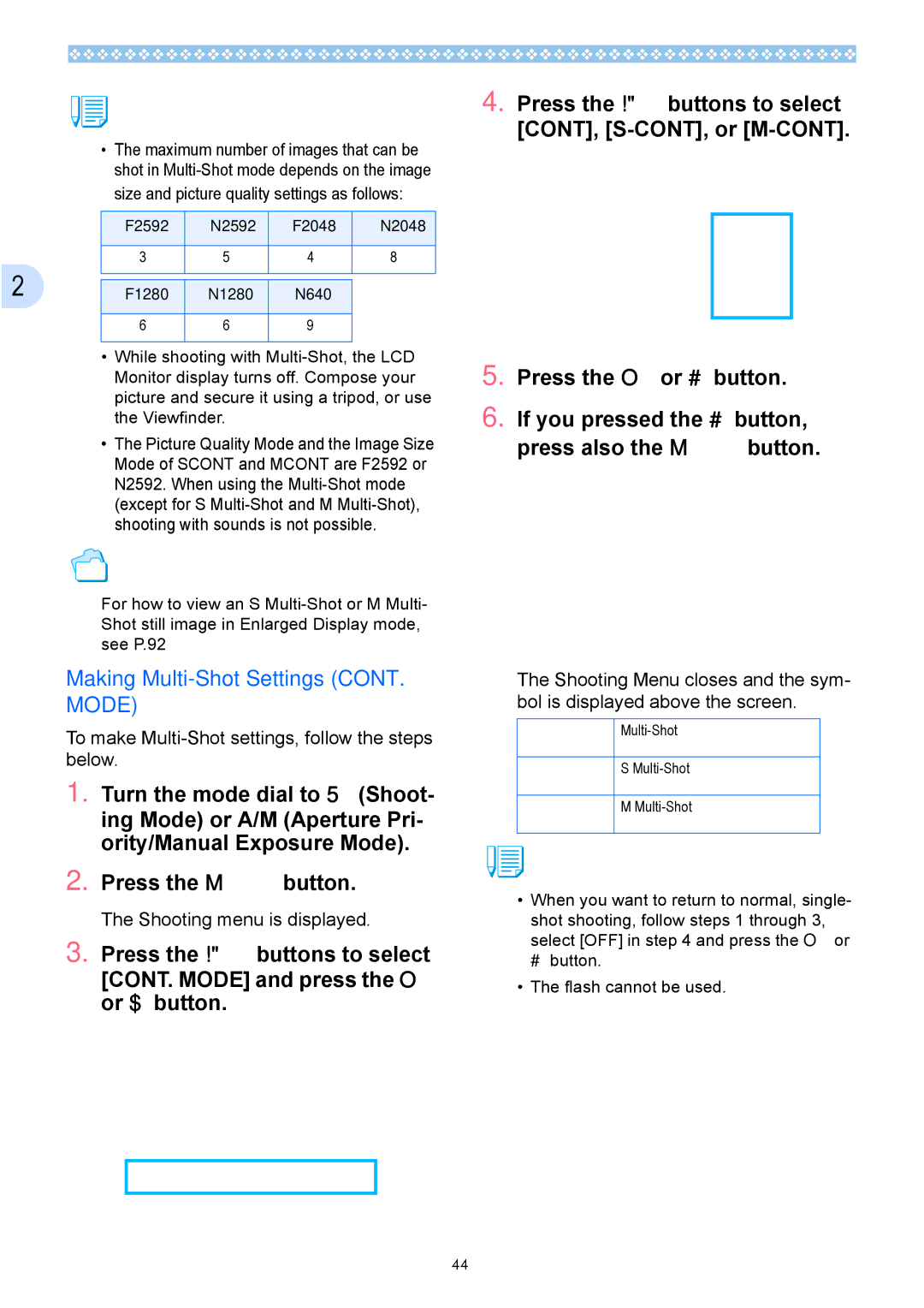 Ricoh Caplio GX operation manual Making Multi-Shot Settings CONT. Mode, To make Multi-Shot settings, follow the steps below 