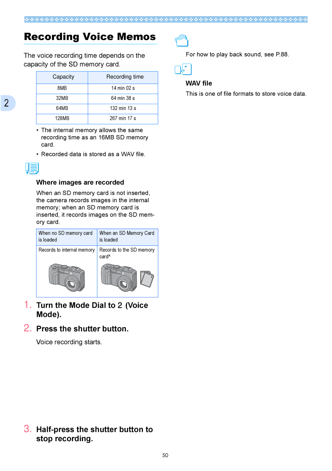 Ricoh Caplio GX Recording Voice Memos, Turn the Mode Dial to 2 Voice Mode Press the shutter button, Voice recording starts 