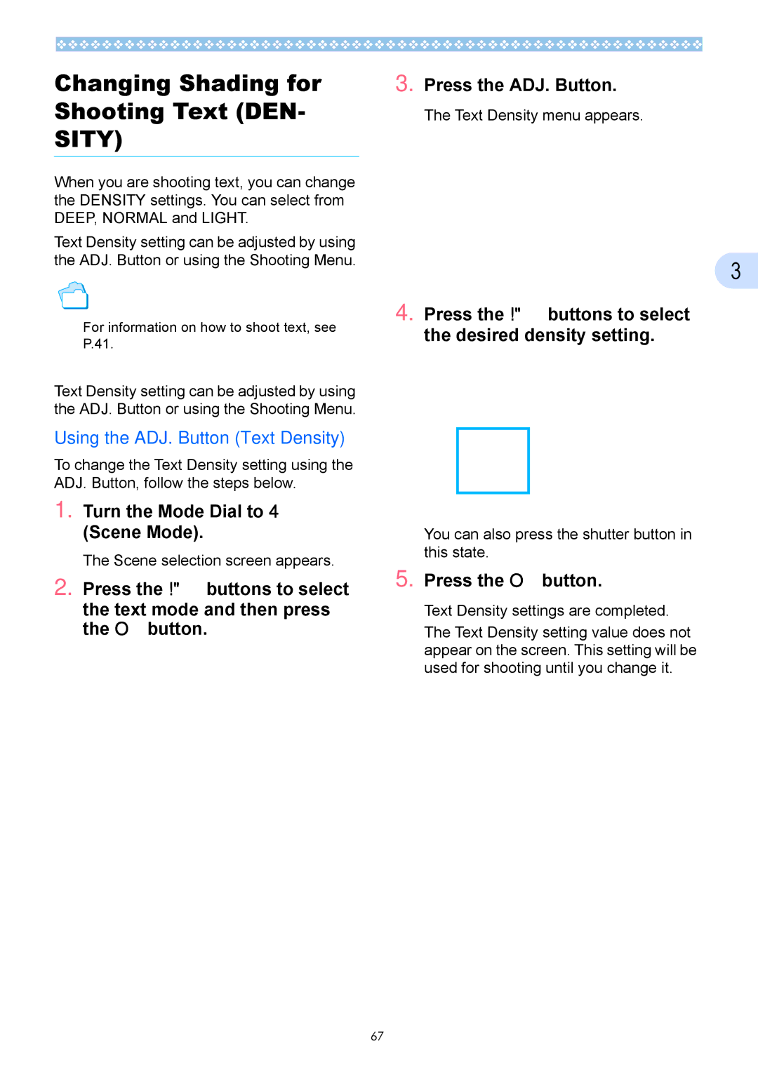 Ricoh Caplio GX operation manual Changing Shading for Shooting Text DEN- Sity, Using the ADJ. Button Text Density 