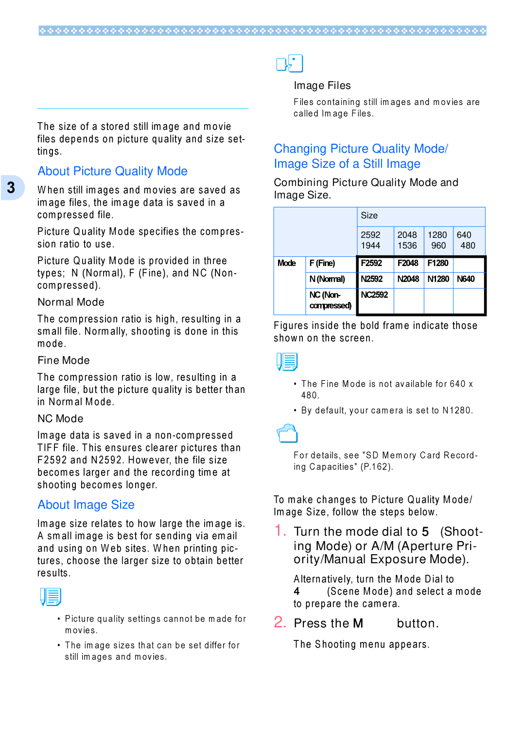 Ricoh Caplio GX operation manual Choosing Picture Qual- ity Mode/Image Size, About Picture Quality Mode, About Image Size 