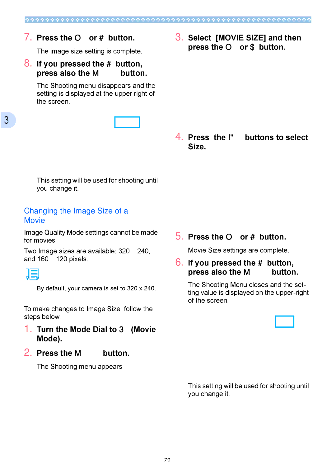 Ricoh Caplio GX operation manual Changing the Image Size of a Movie, Turn the Mode Dial to 3 Movie Mode Press the M button 