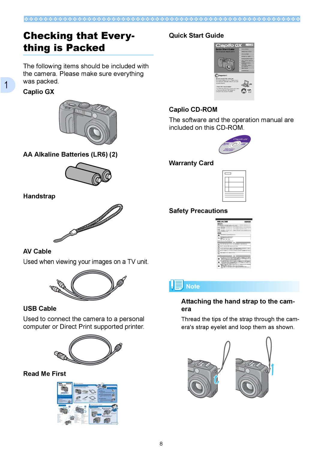 Ricoh Caplio GX Checking that Every- thing is Packed, AA Alkaline Batteries LR6 Handstrap AV Cable, USB Cable 