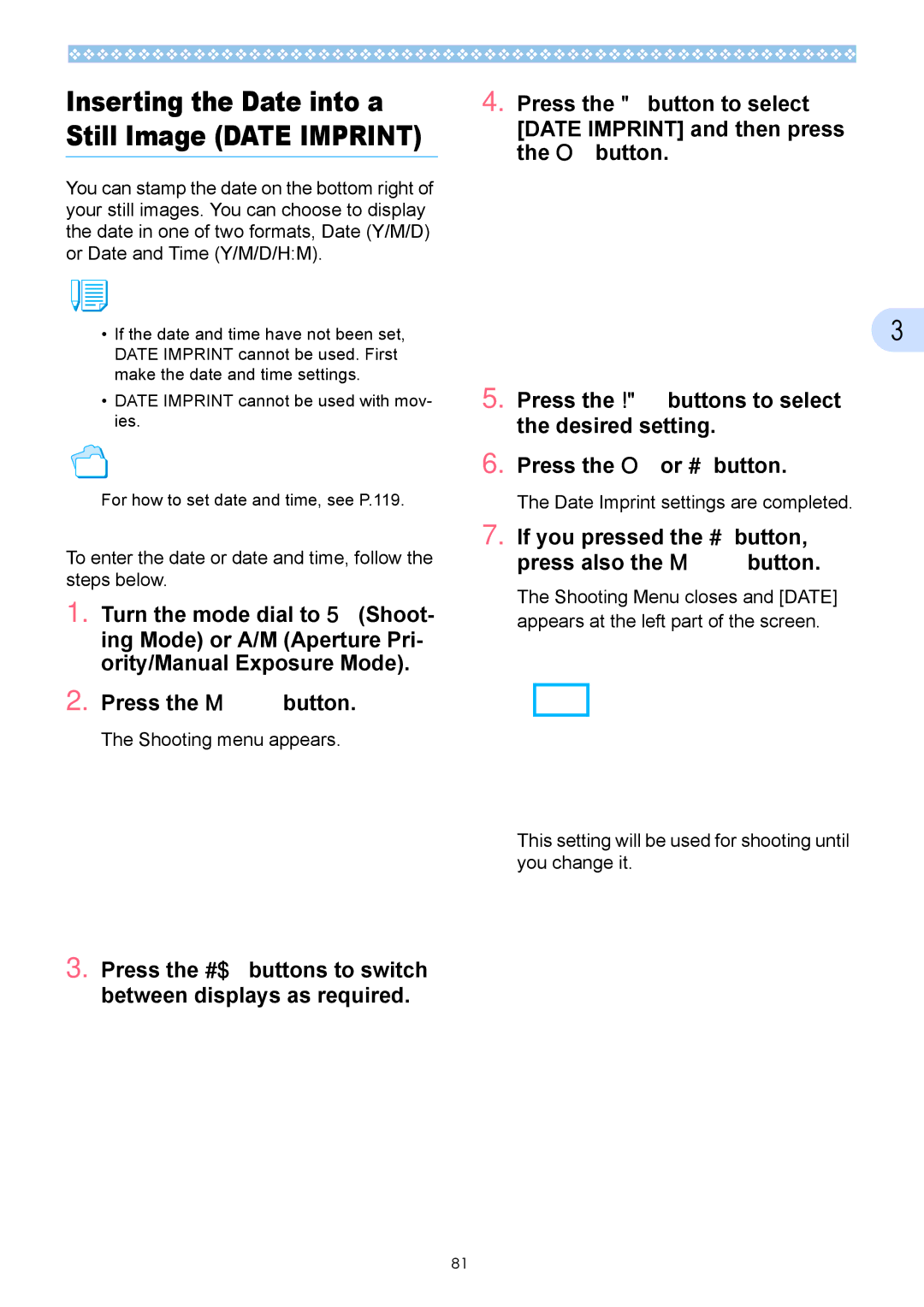 Ricoh Caplio GX To enter the date or date and time, follow the steps below, Date Imprint settings are completed 