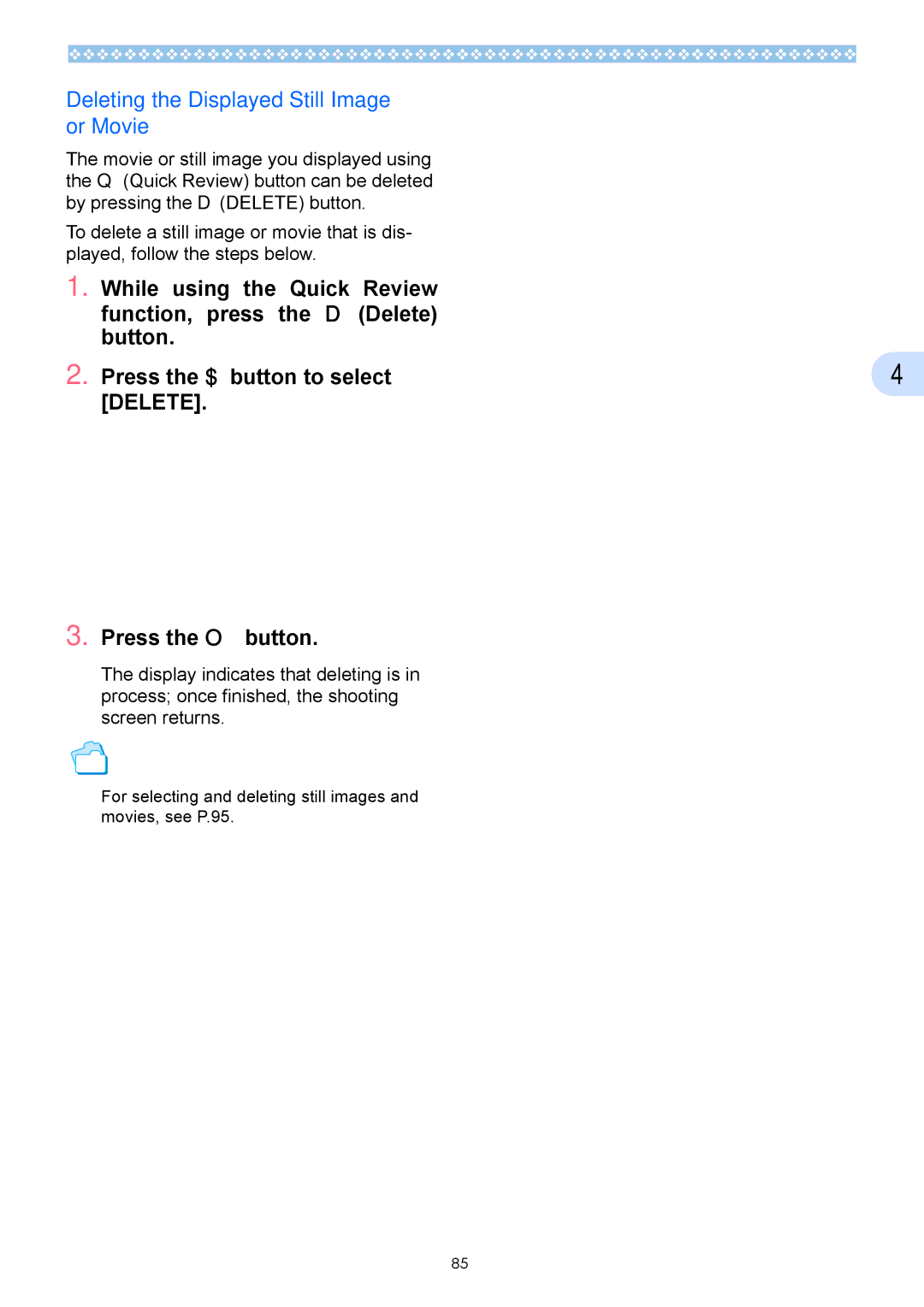 Ricoh Caplio GX operation manual Deleting the Displayed Still Image or Movie, Delete 