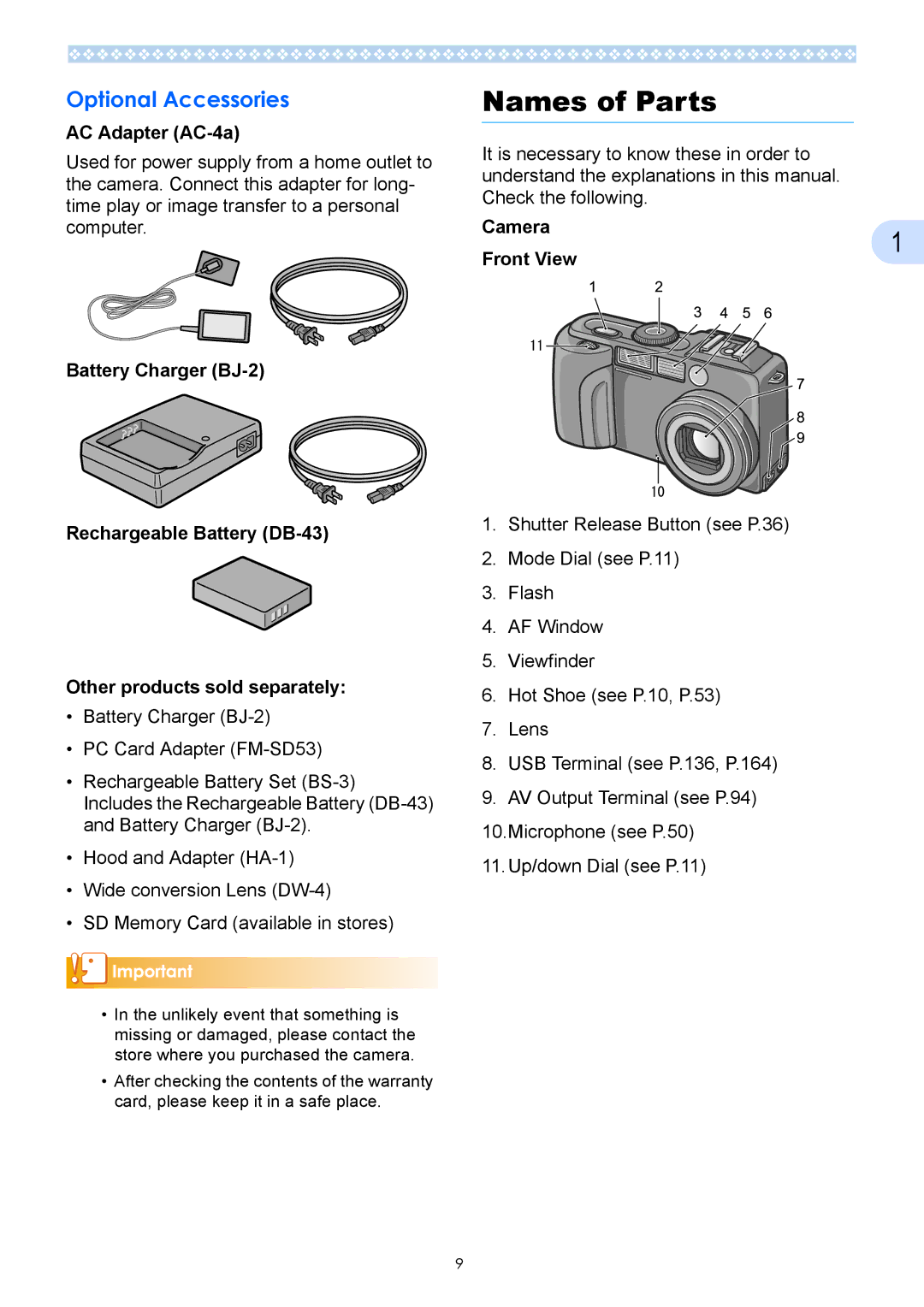 Ricoh Caplio GX operation manual Names of Parts, Optional Accessories, AC Adapter AC-4a, Camera Front View 