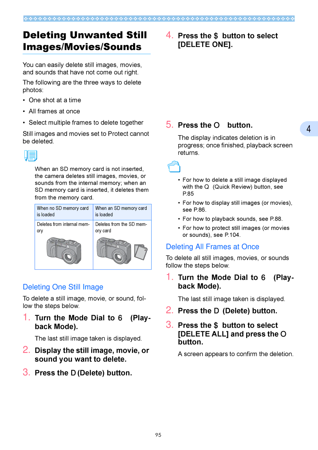 Ricoh Caplio GX Deleting Unwanted Still Images/Movies/Sounds, Deleting One Still Image, Deleting All Frames at Once 