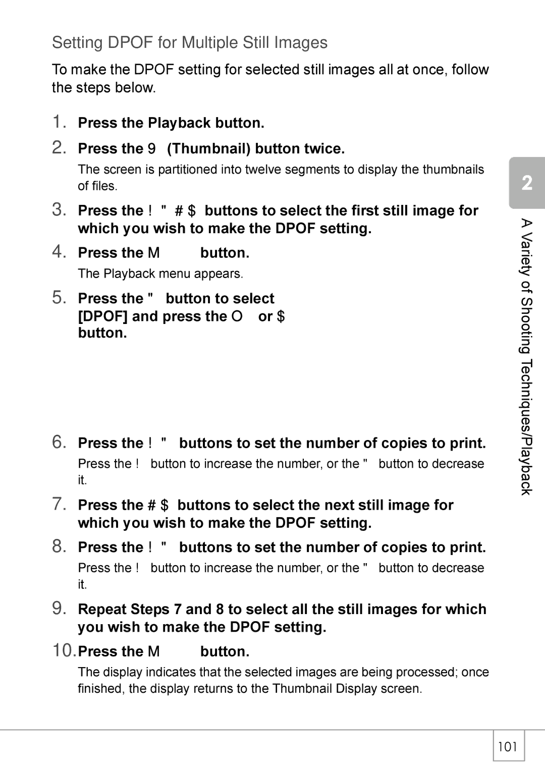 Ricoh Caplio R2 manual Setting Dpof for Multiple Still Images, Press the Playback button Press the 9 Thumbnail button twice 