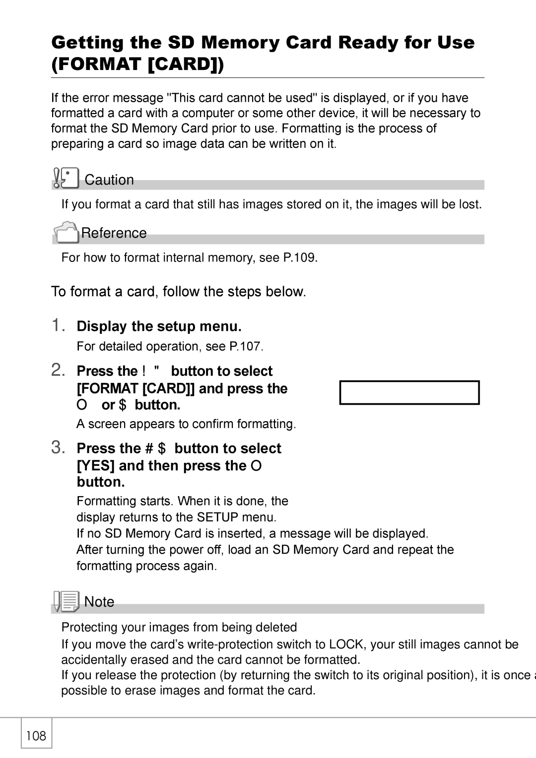 Ricoh Caplio R2 manual Getting the SD Memory Card Ready for Use Format Card, Display the setup menu 