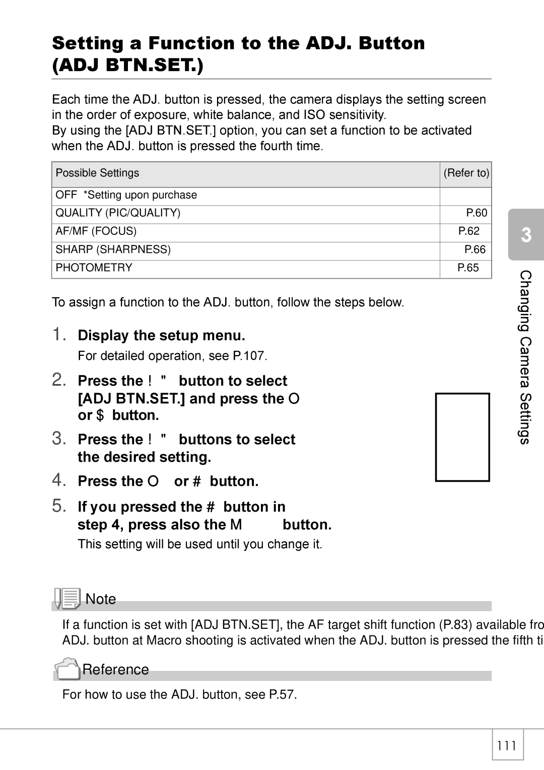 Ricoh Caplio R2 manual Setting a Function to the ADJ. Button ADJ BTN.SET, Reference 