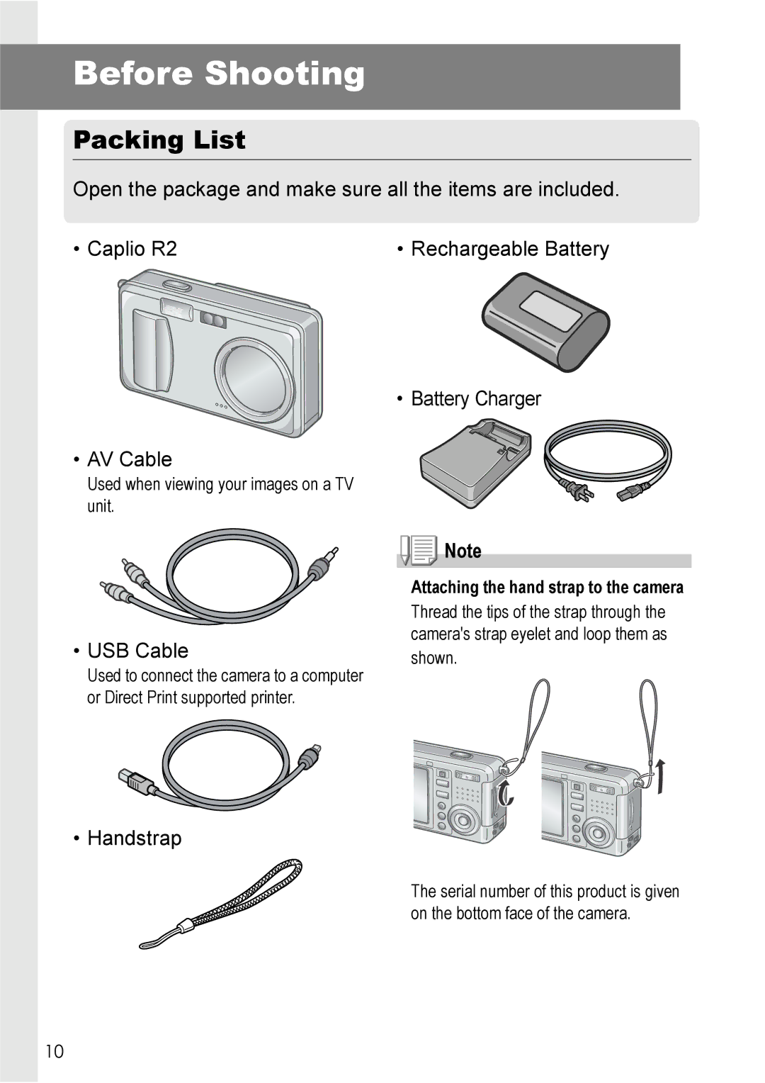 Ricoh Caplio R2 manual Before Shooting, Packing List, Attaching the hand strap to the camera 