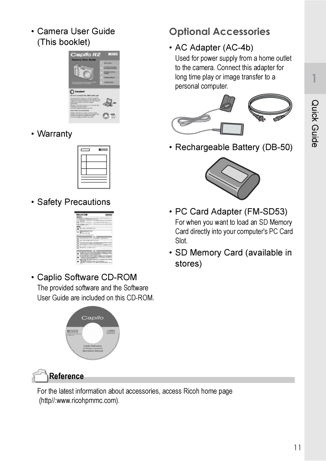 Ricoh Caplio R2 manual Optional Accessories, This booklet AC Adapter AC-4b 